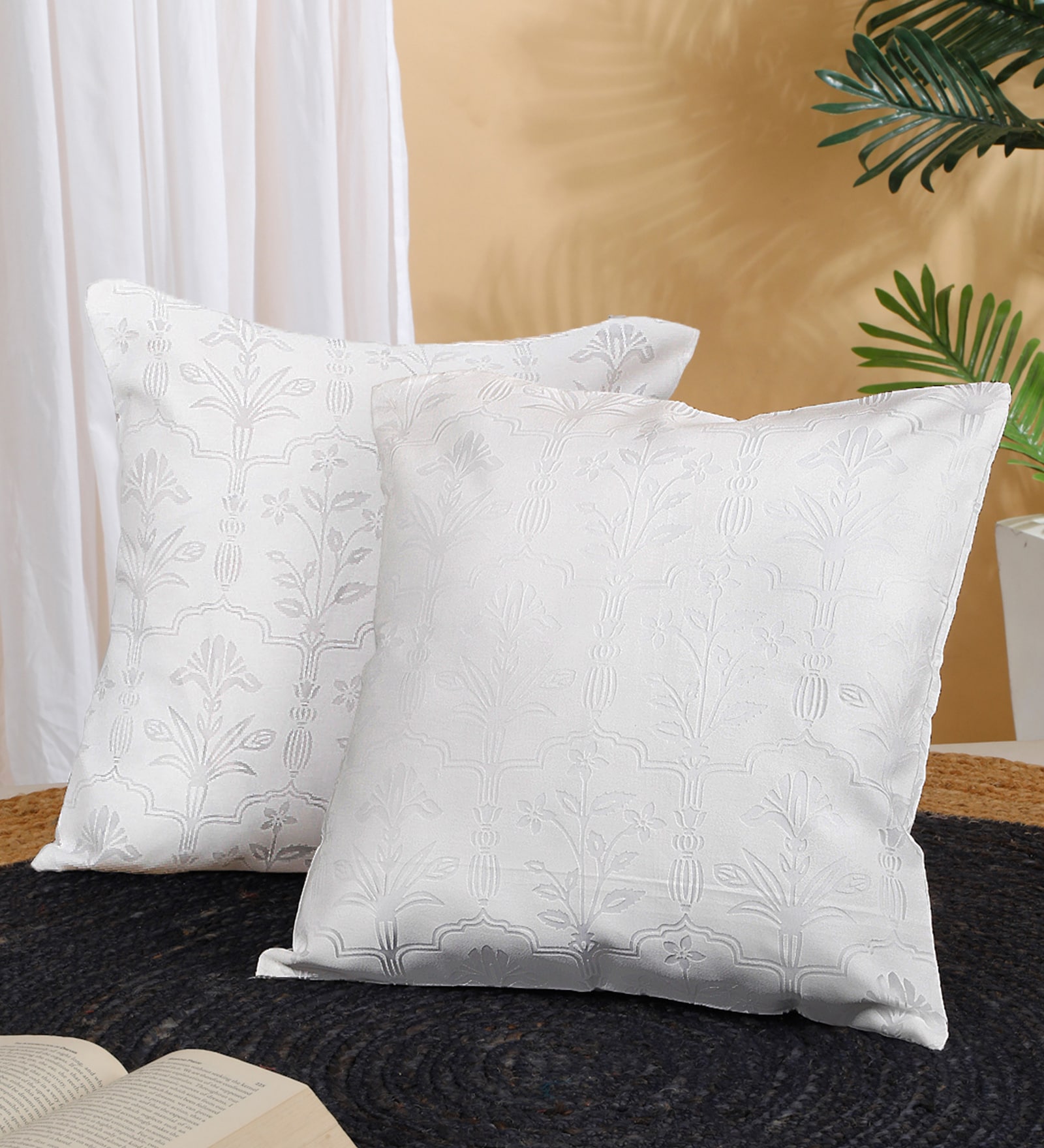White Polycotton Floral 16x16 inches Cushion Cover Set of 2
