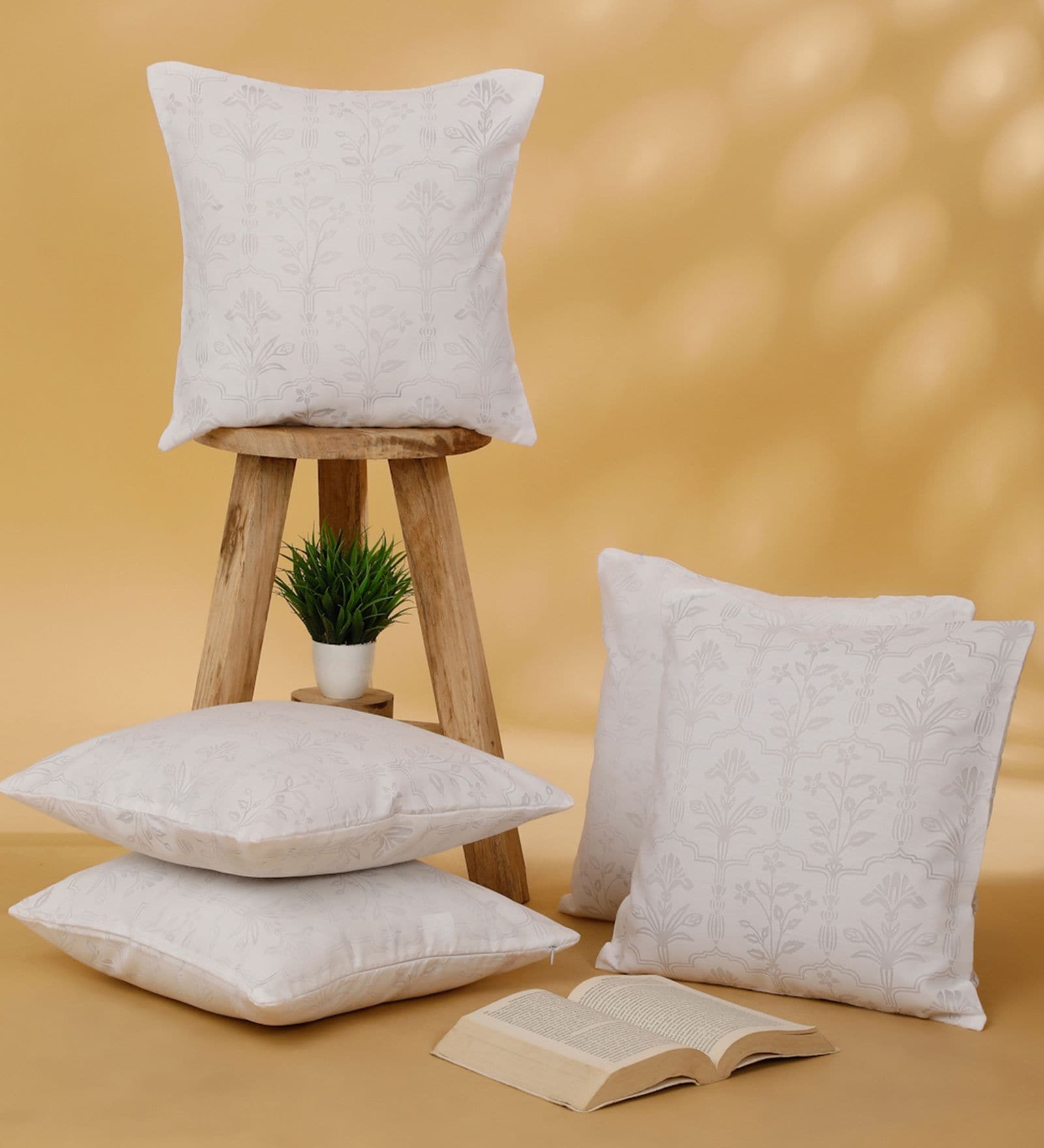 White Polycotton Floral 16x16 inches Cushion Cover Set of 5