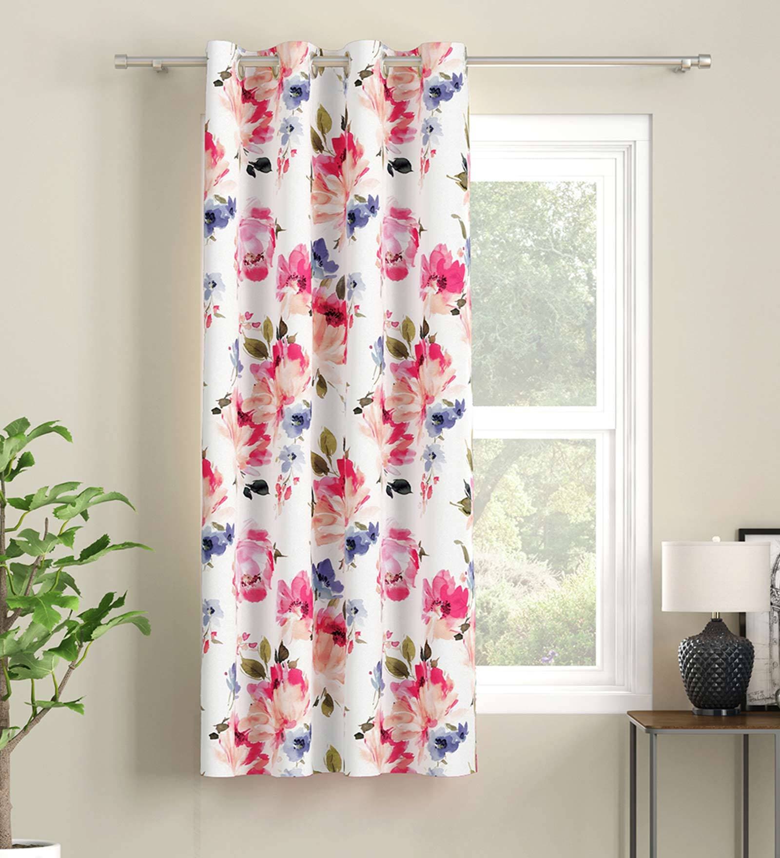 White Floral Polyester 5 Ft Light Filtering Eyelet Window Curtain