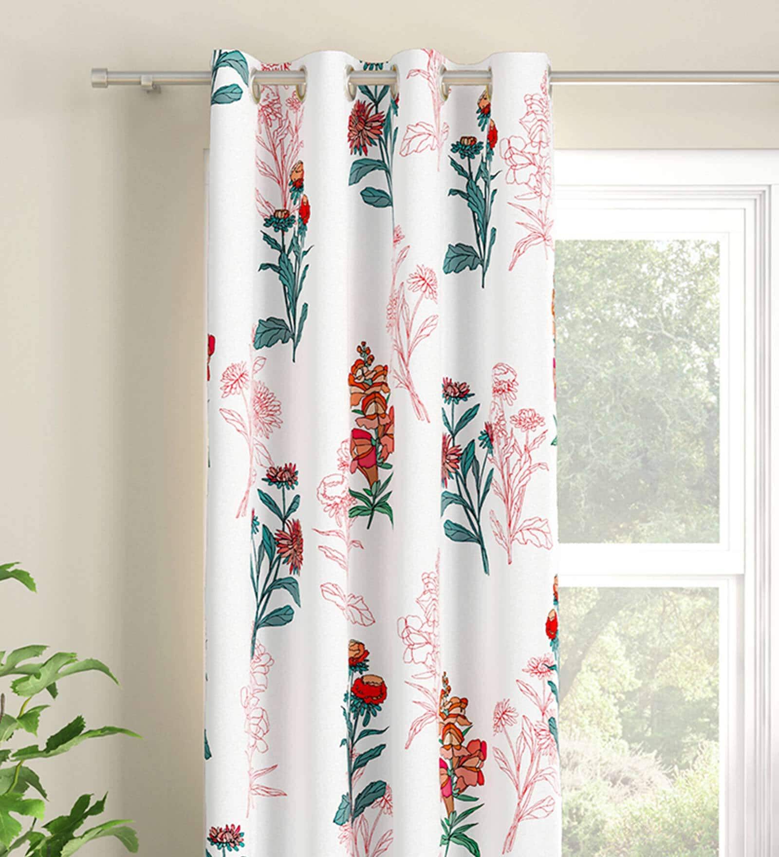 White Floral Polyester 5 Ft Light Filtering Eyelet Window Curtain