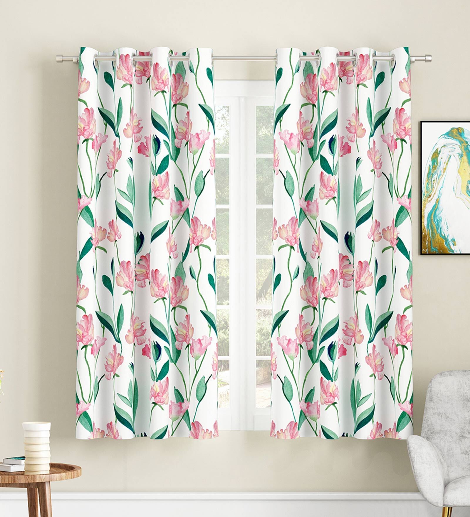 White Floral Polyester 5 Ft Light Filtering Eyelet Window Curtains (Set of 2)