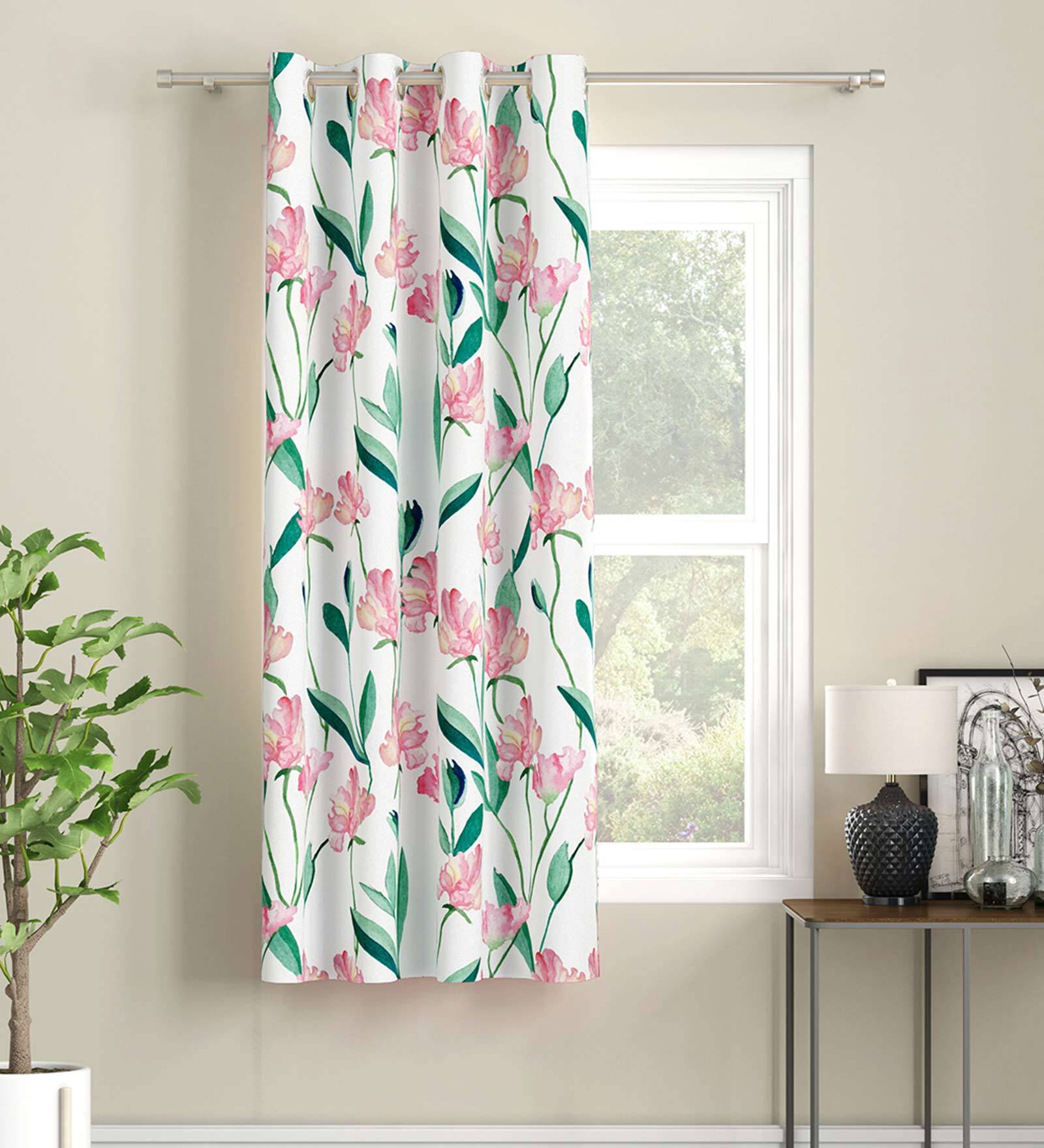 White Floral Polyester 5 Ft Light Filtering Eyelet Window Curtain