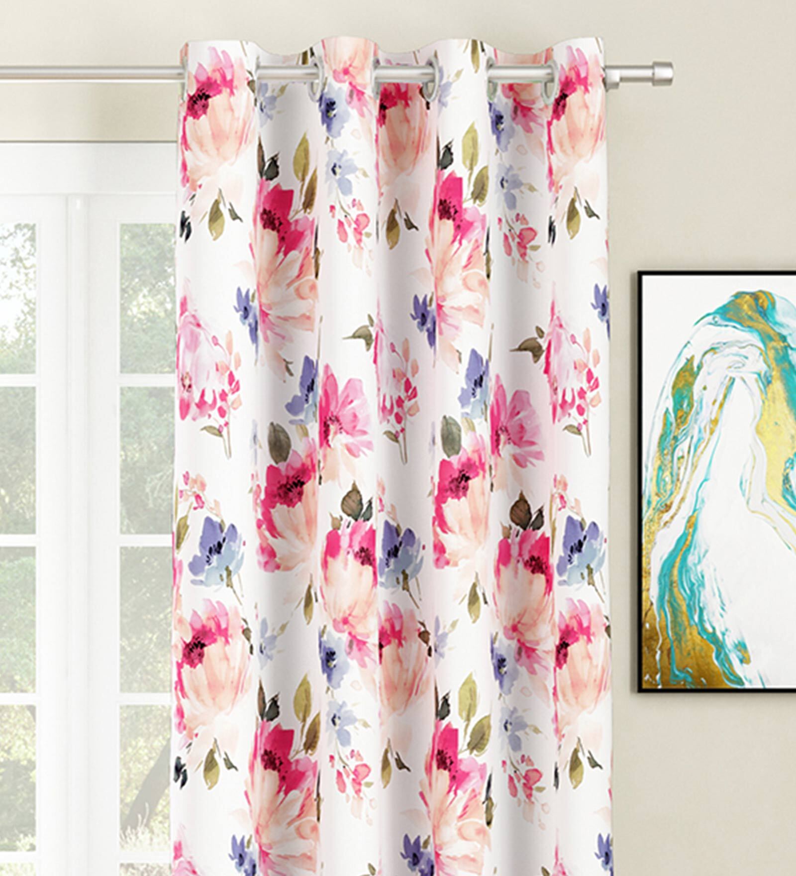 White Floral Polyester 5 Ft Light Filtering Eyelet Window Curtains (Set of 2)