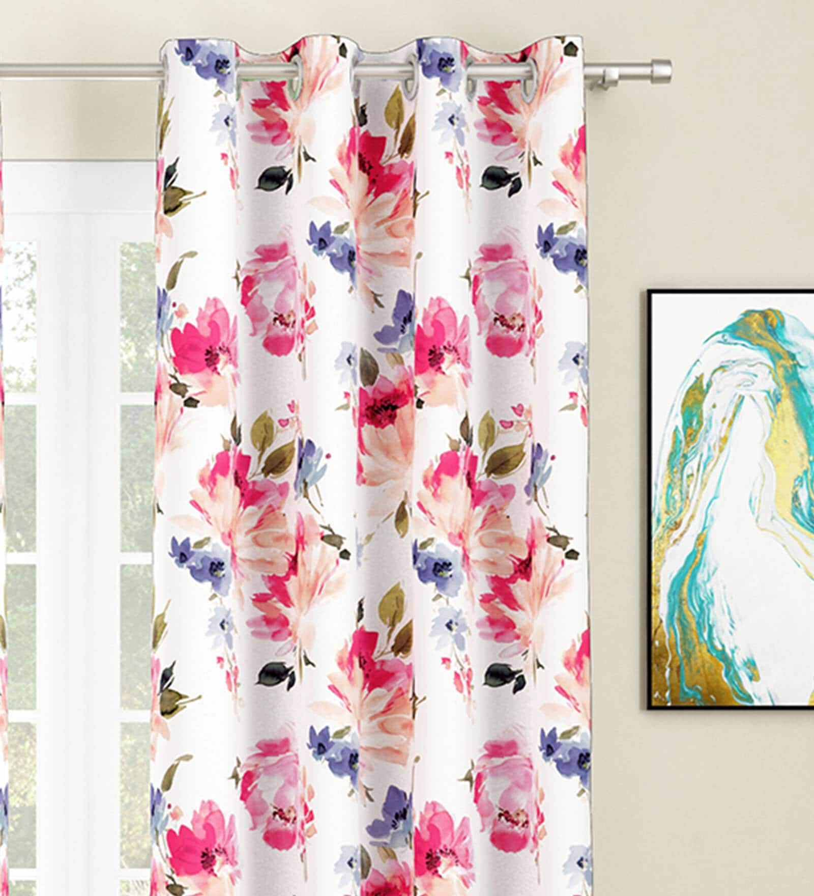 White Floral Polyester 7 Ft Light Filtering Eyelet Door Curtains (Set of 2)