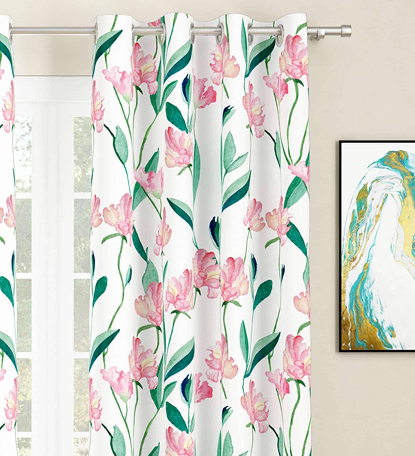 White Floral Polyester 7 Ft Light Filtering Eyelet Door Curtains (Set of 2)
