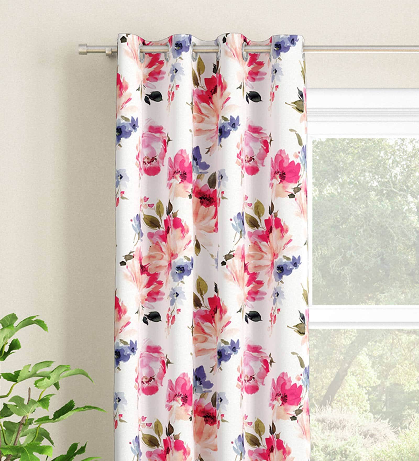 White Floral Polyester 7 Ft Light Filtering Eyelet Door Curtain