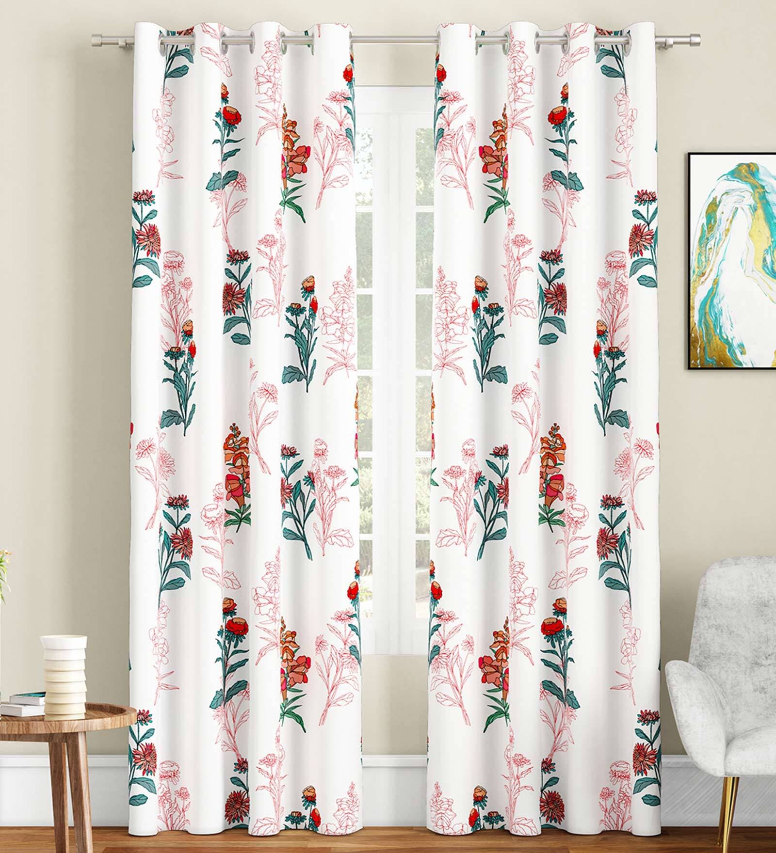 White Floral Polyester 7 Ft Light Filtering Eyelet Door Curtains (Set of 2)