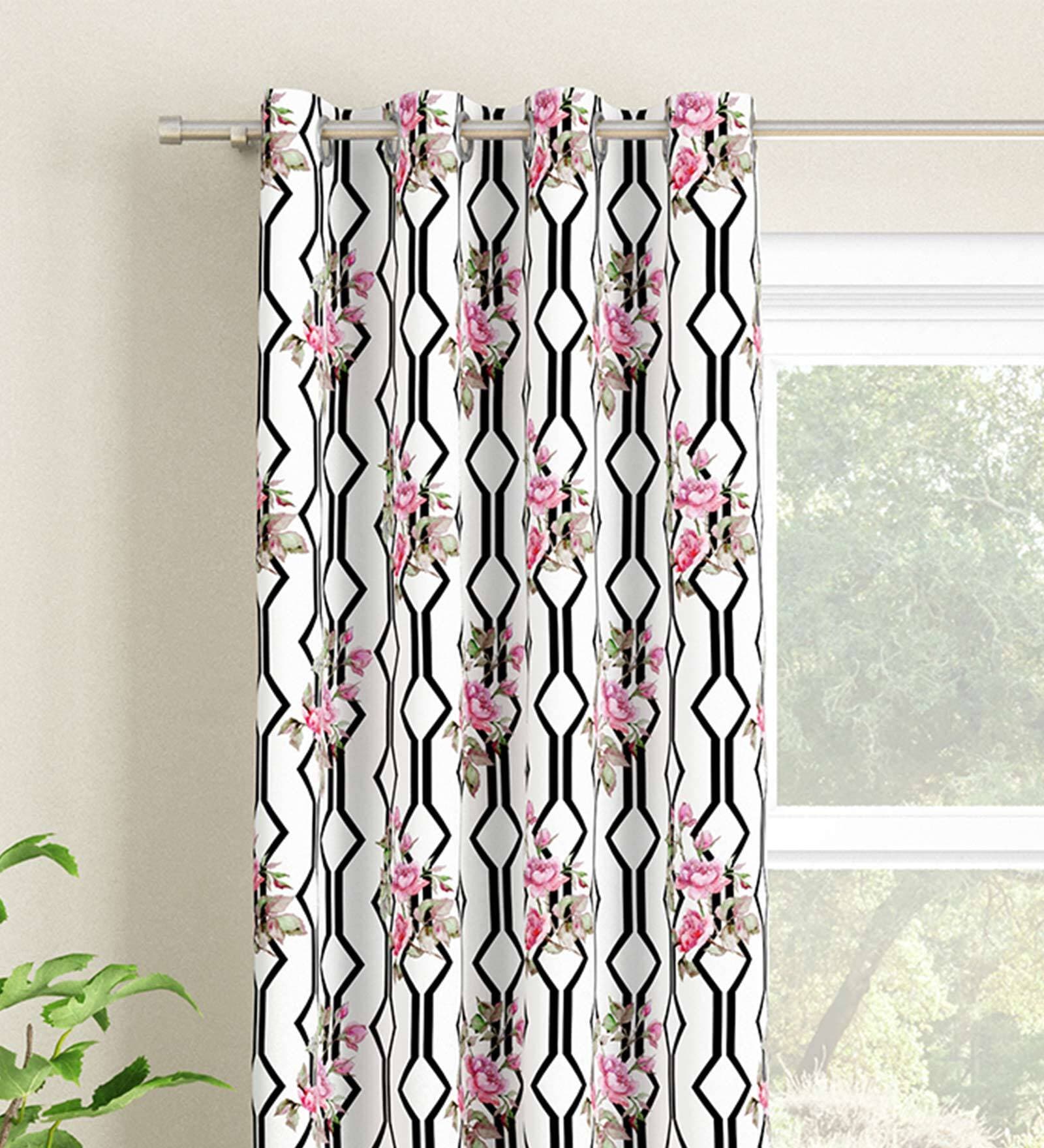 White Floral Polyester 7 Ft Light Filtering Eyelet Door Curtain