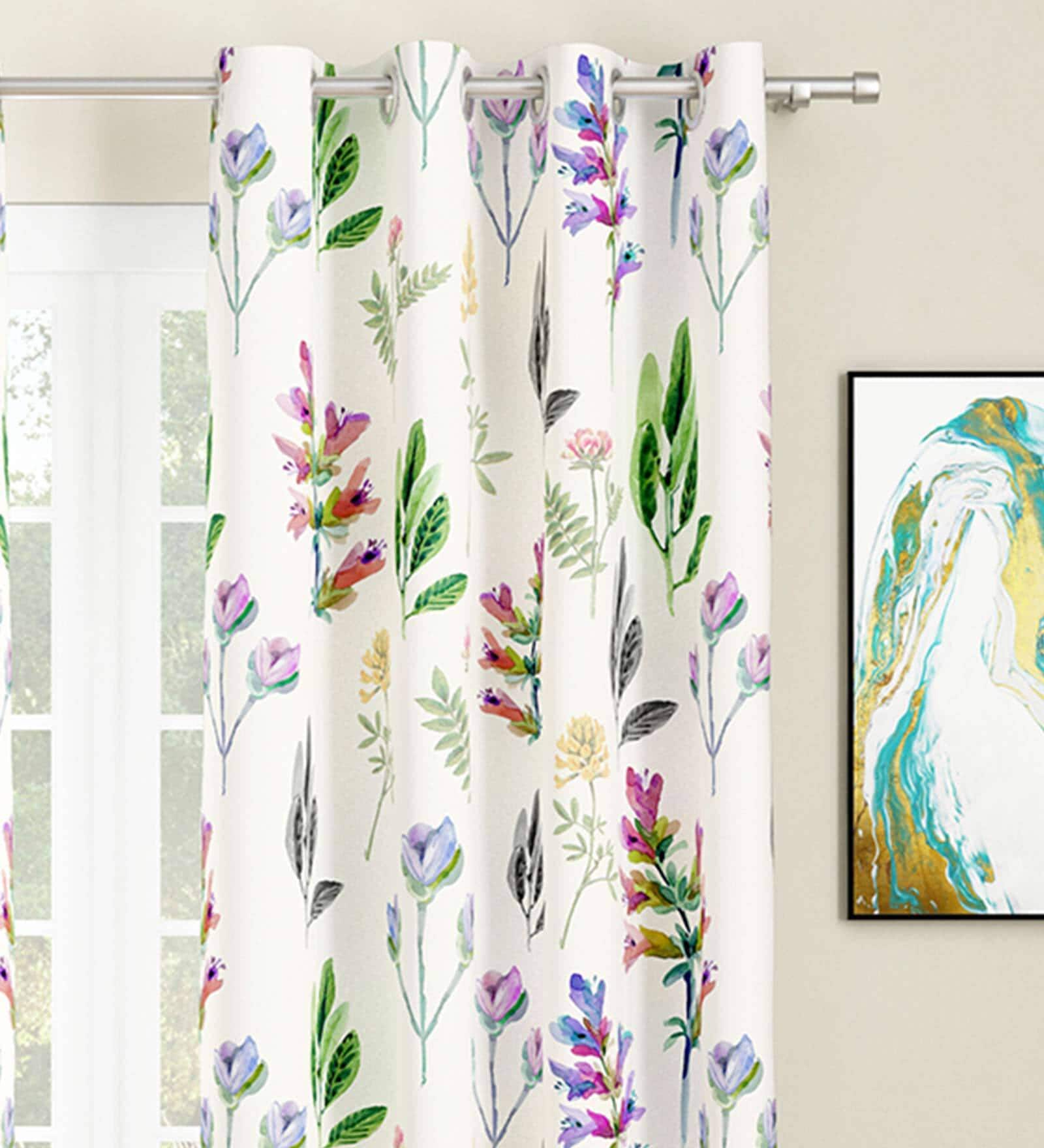 White Floral Polyester 7 Ft Light Filtering Eyelet Door Curtains (Set of 2)
