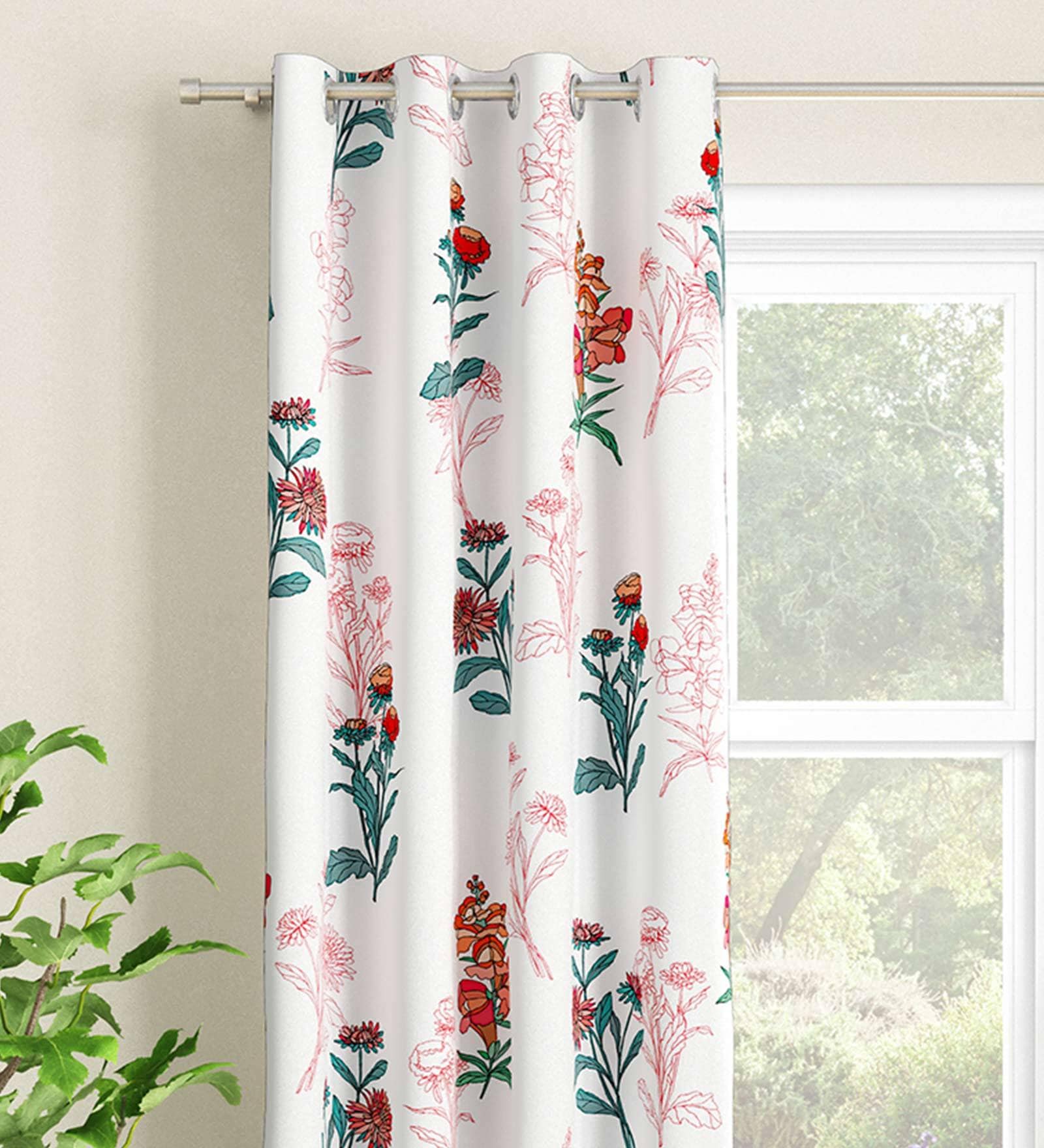 White Floral Polyester 7 Ft Light Filtering Eyelet Door Curtain