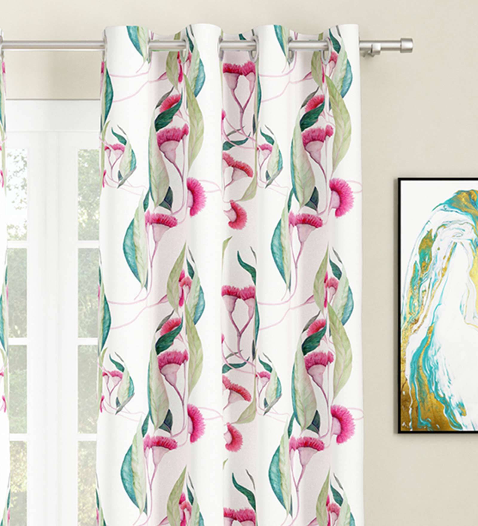 White Floral Polyester 7 Ft Light Filtering Eyelet Door Curtains (Set of 2)
