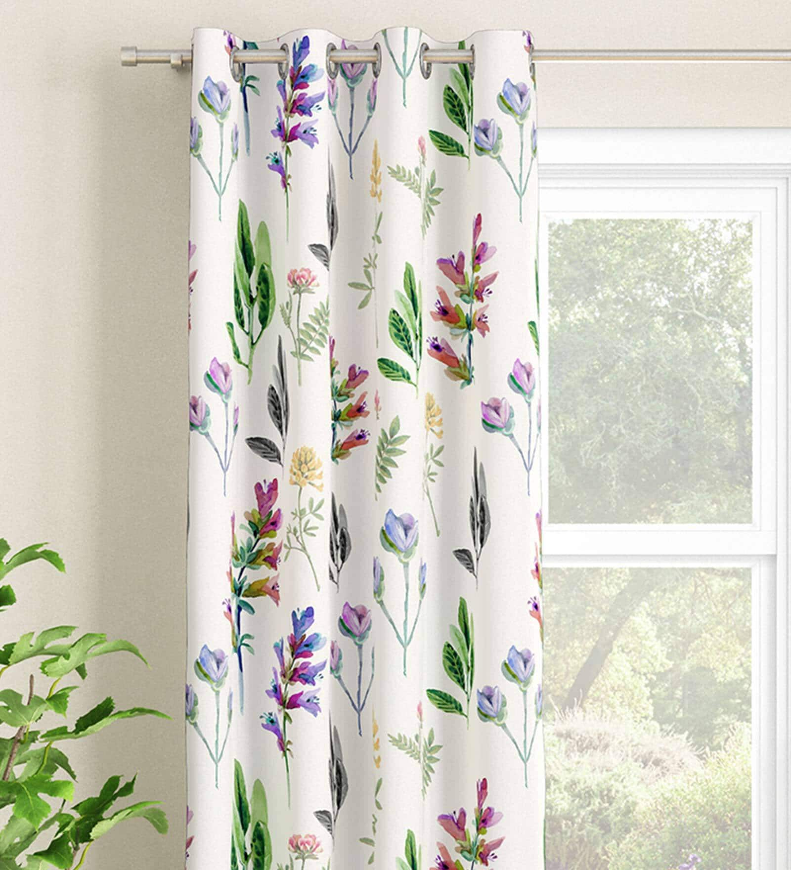 White Floral Polyester 9 Ft Light Filtering Eyelet Door Curtain