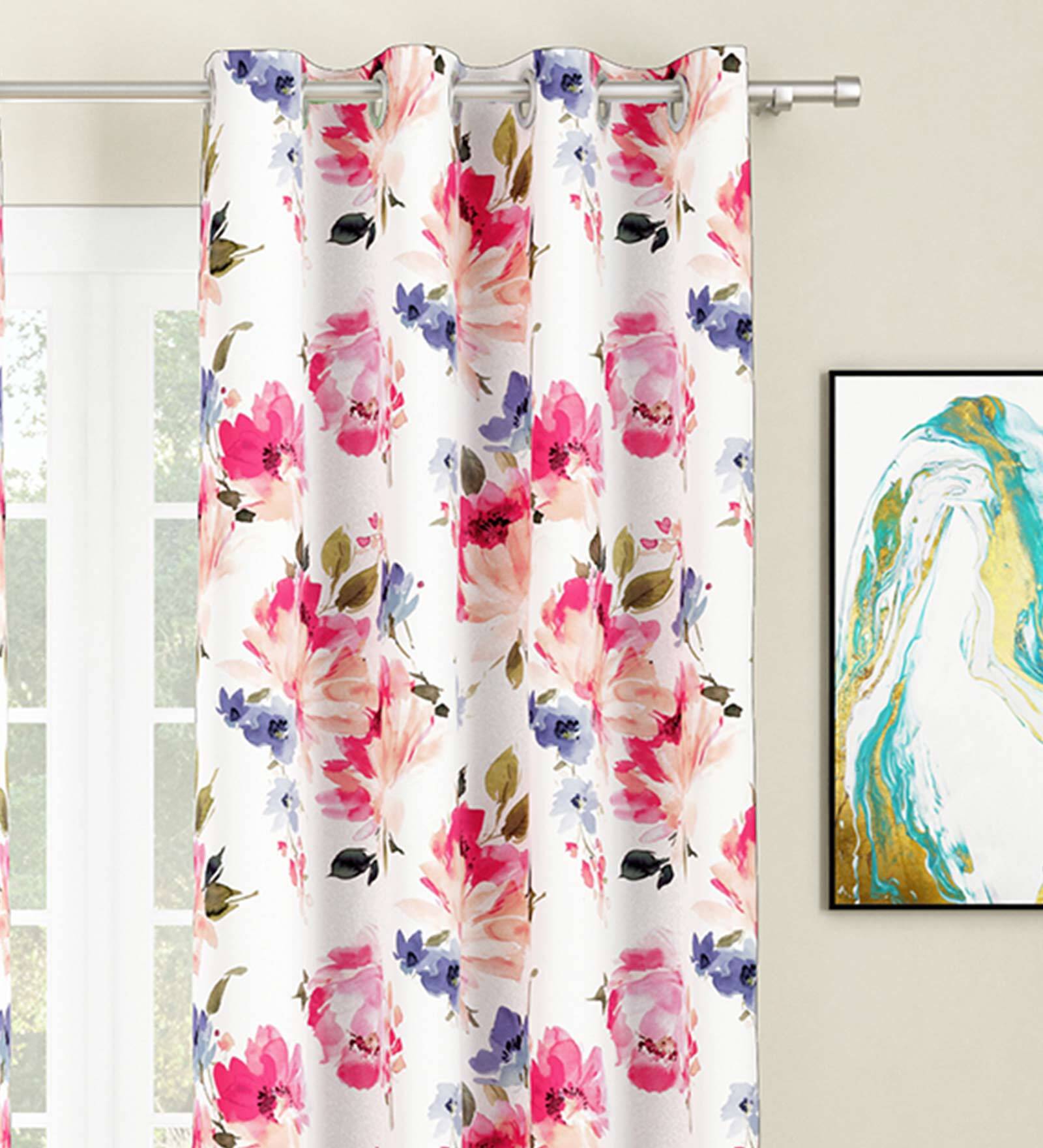 White Floral Polyester 9 Ft Light Filtering Eyelet Door Curtains (Set of 2)
