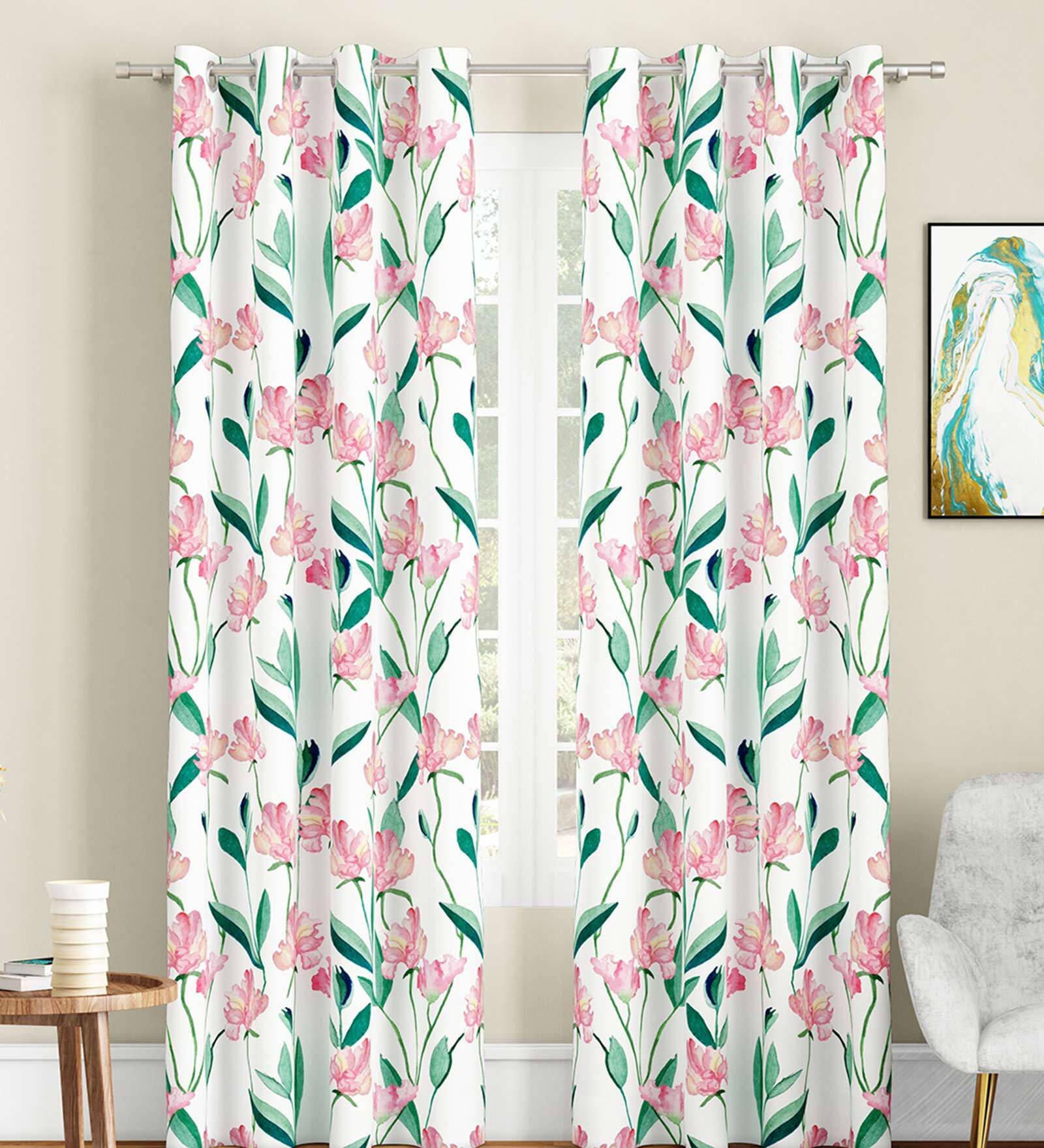 White Floral Polyester 9 Ft Light Filtering Eyelet Door Curtains (Set of 2)
