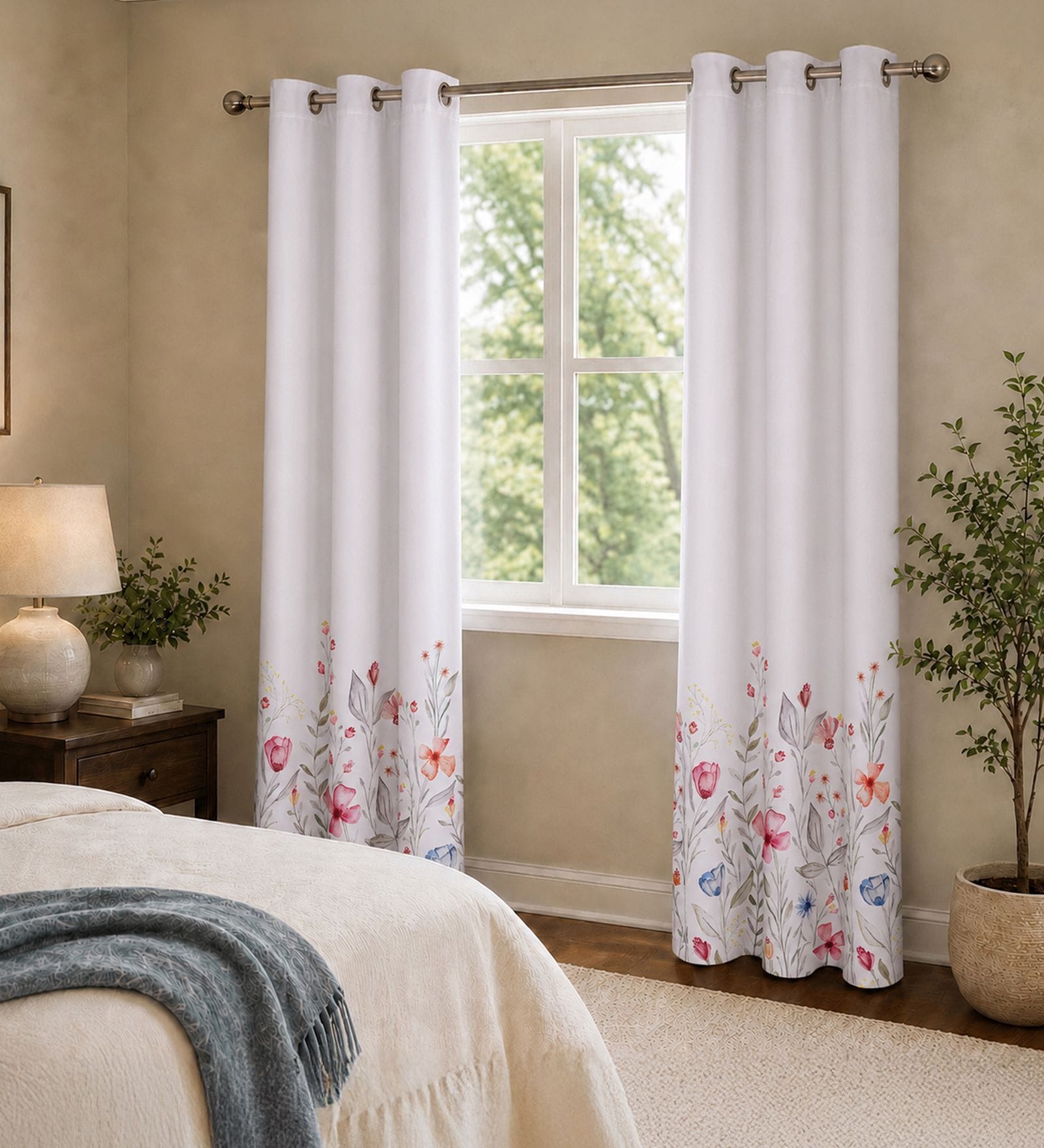 White Polyester Floral 7ft Room Darkening Eyelet Door Curtains (2 Pc)