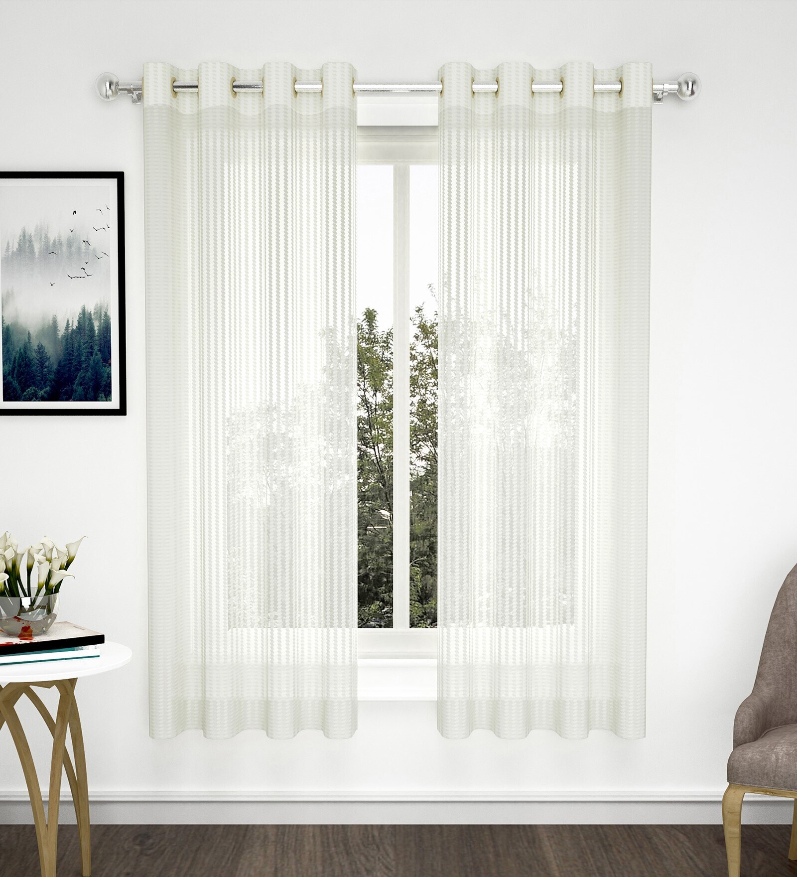 White Polyester Geometric 5 Ft Sheer Eyelet Window Curtains (Set of 2)