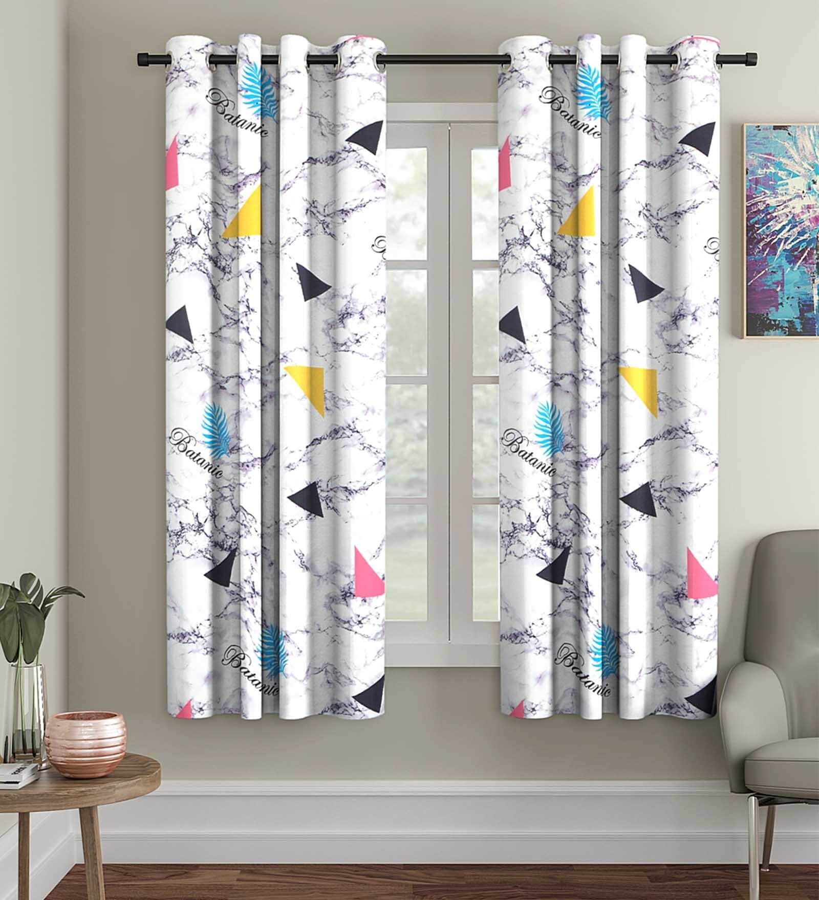 White Abstract Polyester 5 Ft Semisheer Eyelet Window Curtains (Set of 2)