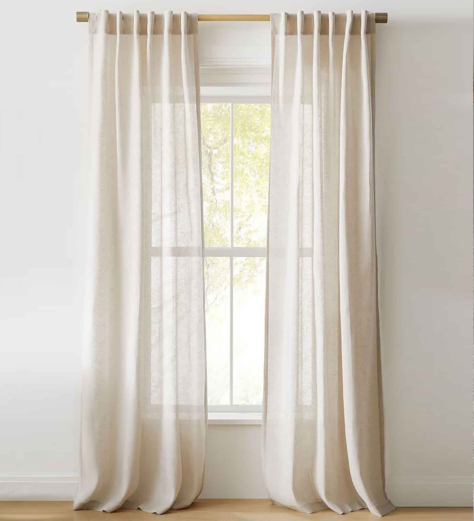 White Polyester Striped 5Ft Sheer Eyelet Window Curtains (Pack of 2)
