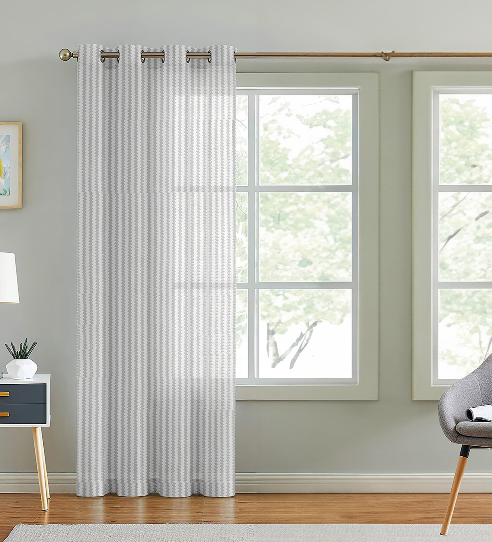 White Polyester Striped 9ft Sheer Eyelet Door Curtain