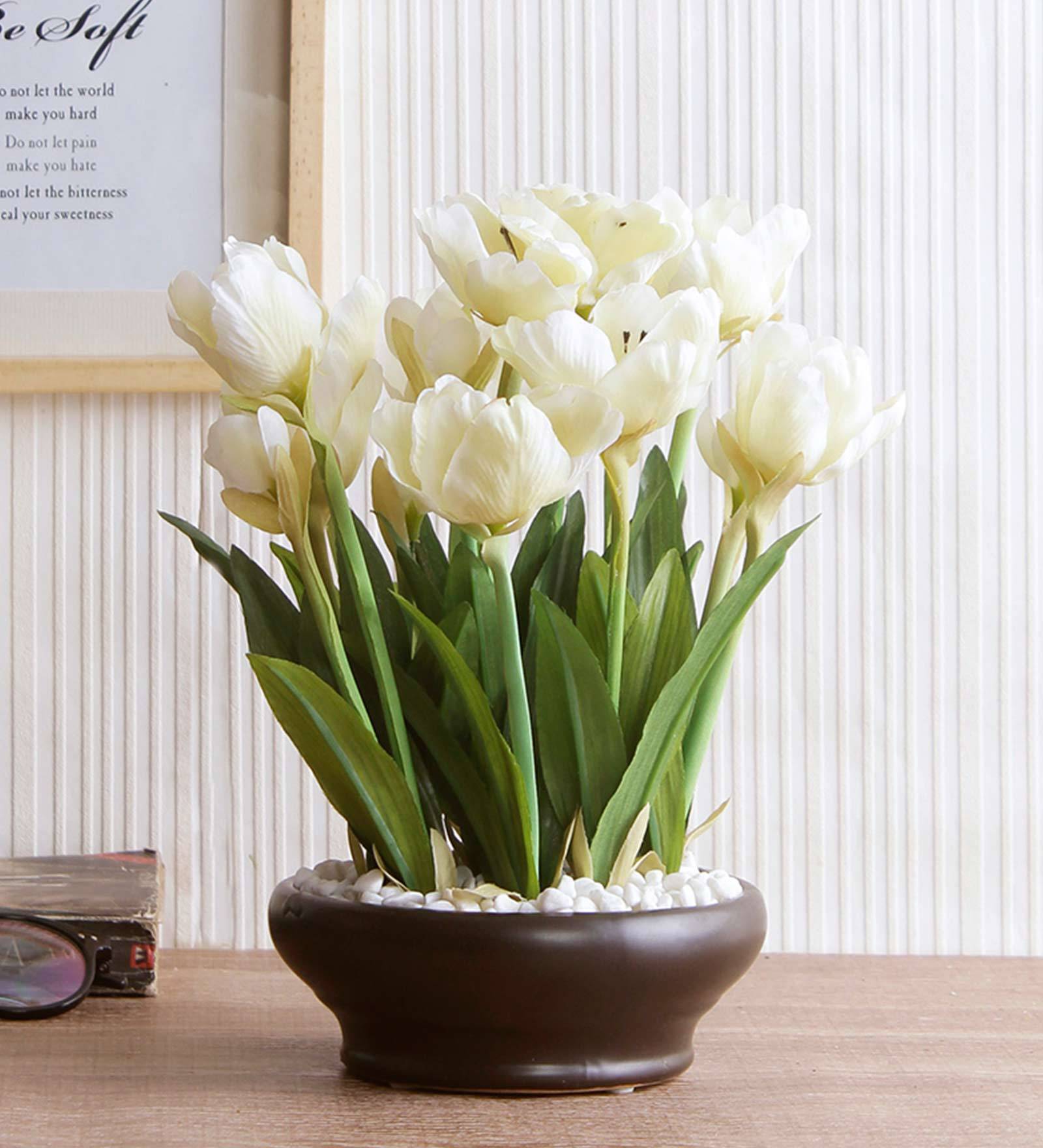 Polyester White Tulip Flower With Ceramic Pot Artificial Plants