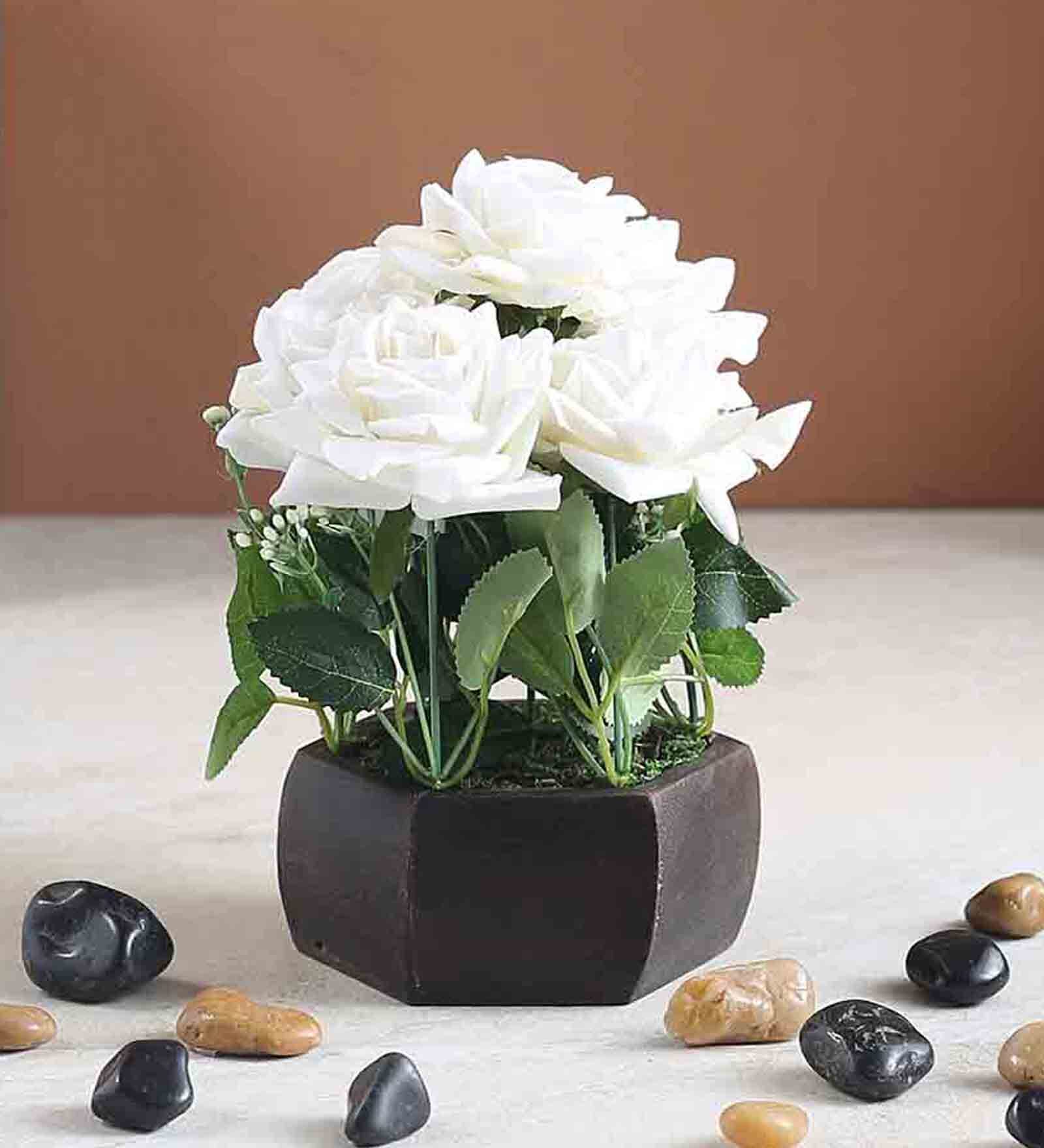 White Polyster Artificial Beautiful Velvet Rose Flower Plant With Wooden Hexagon Pot