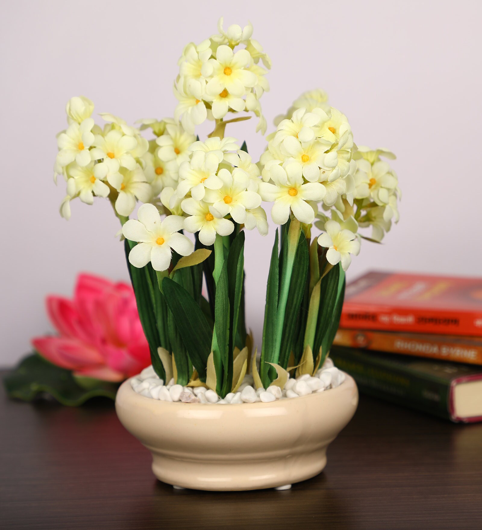 White Flower Artificial Bunch & White Pebbles with Ceramic Pot