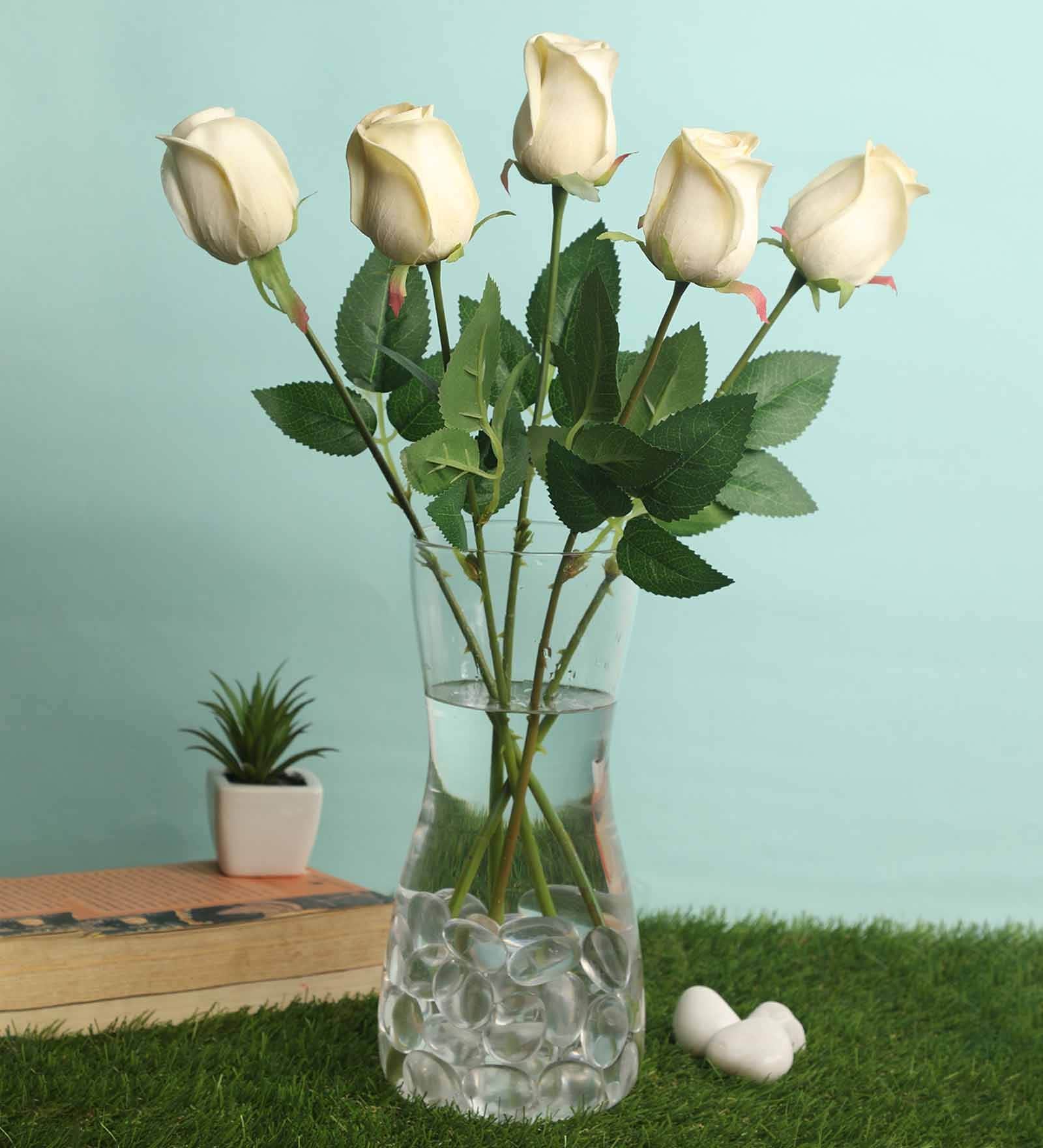 Buy White Polyurethane Rose Artificial Flower, Pack of 5 by Pollination