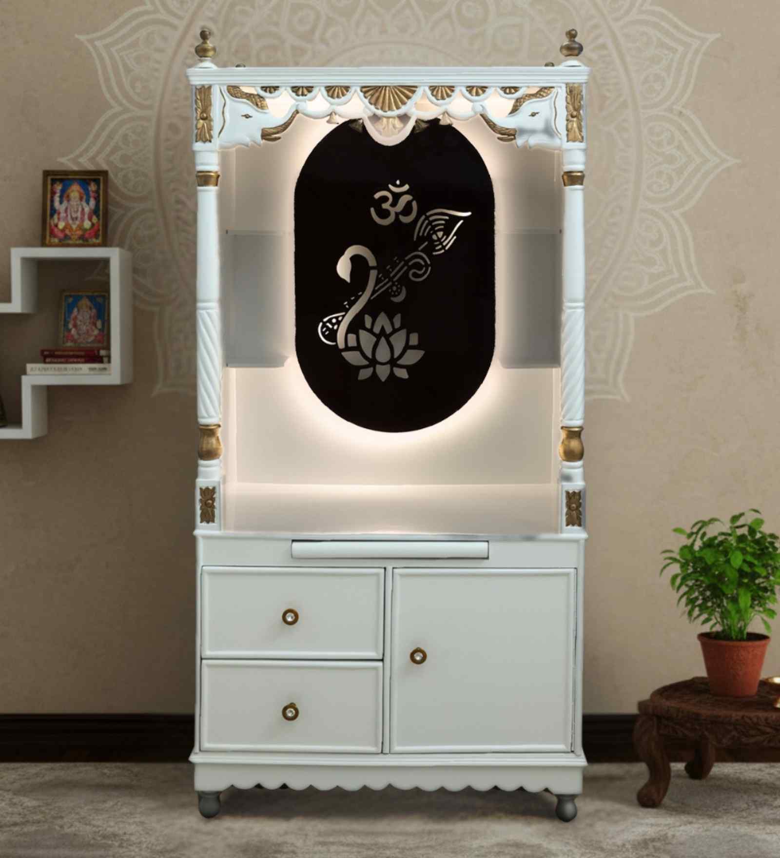 White Prarthika Teak Wooden Mandir