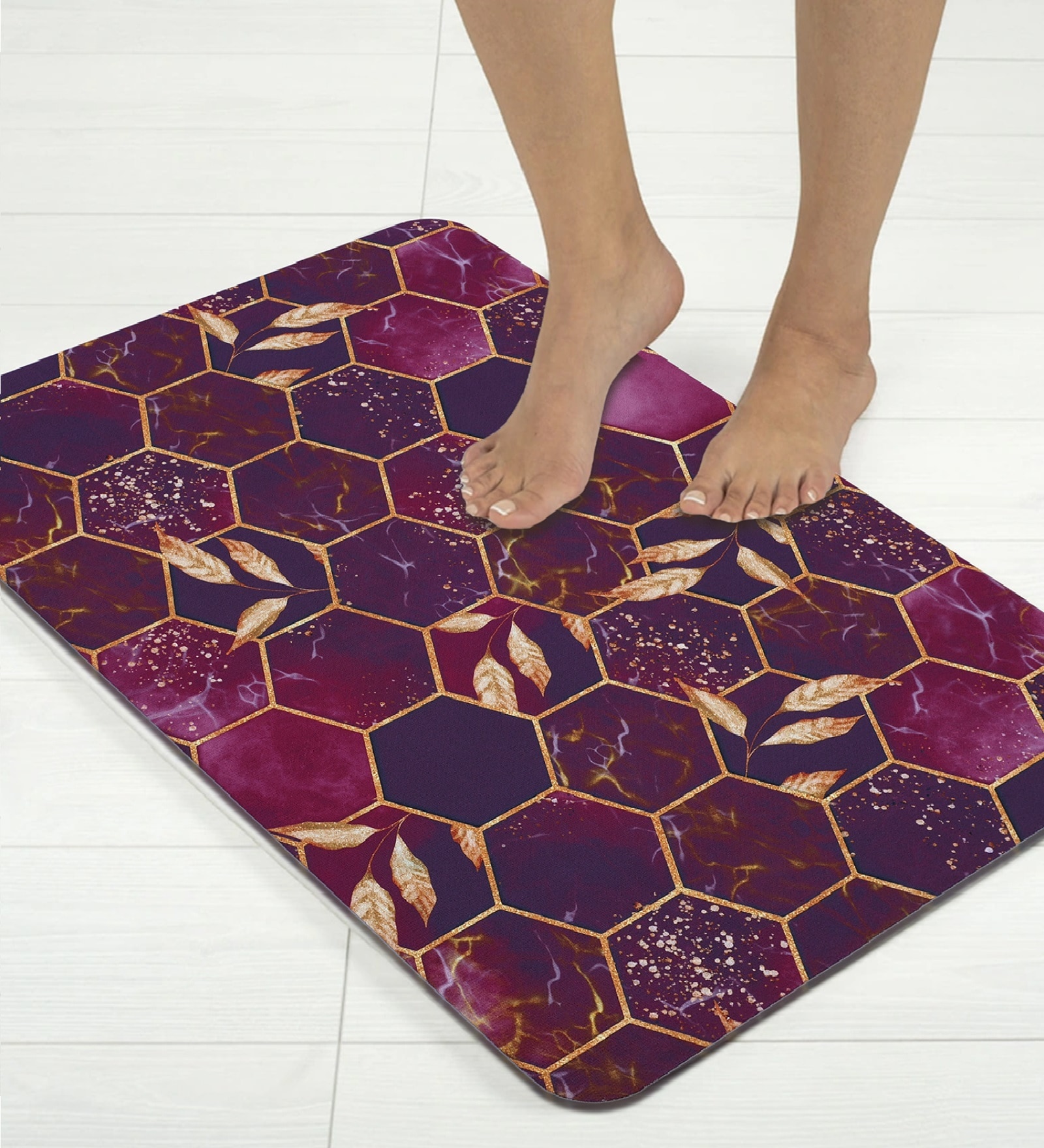 Golden Hexagon Printed Rubber 22x14 Inches Anti Skid Bath Mat