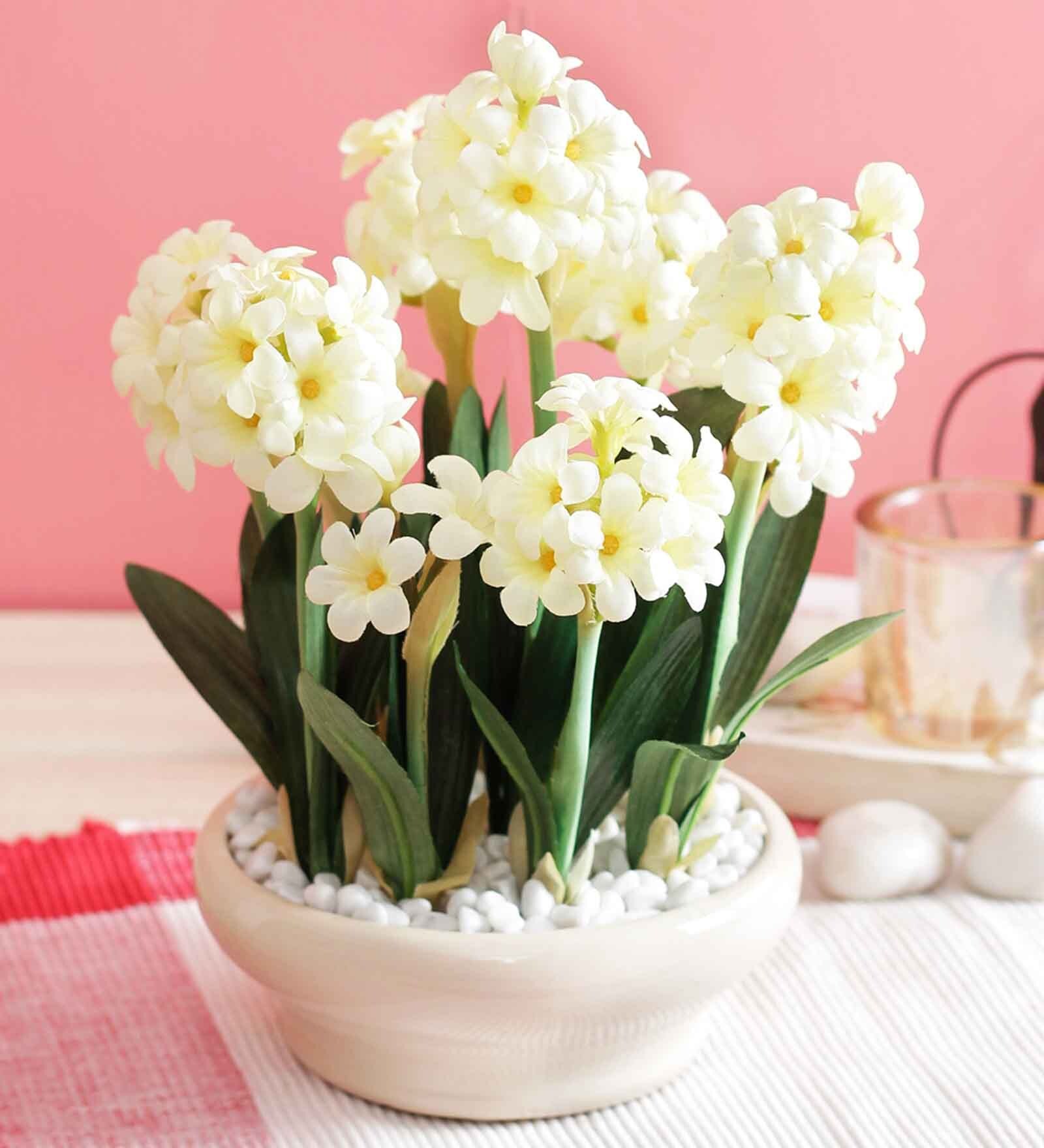 White Pvc Hyacinth Artificial Bonsai With Off- White Ceramic Pot