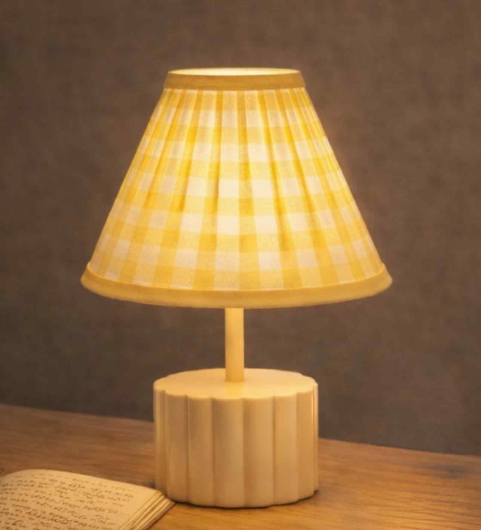 White Round Base Table Lamp with Yellow Plaid Shade