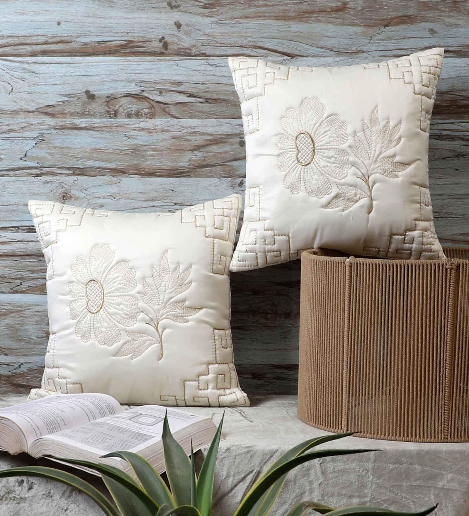 White Satin Floral 16x16 inches Cushion Covers (Pack of 2)