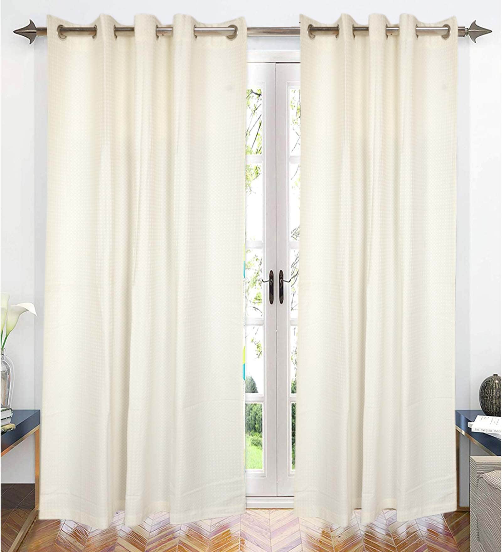 Off White Geometric Cotton 7 Ft Semisheer Eyelet Door Curtains (Set of 2)