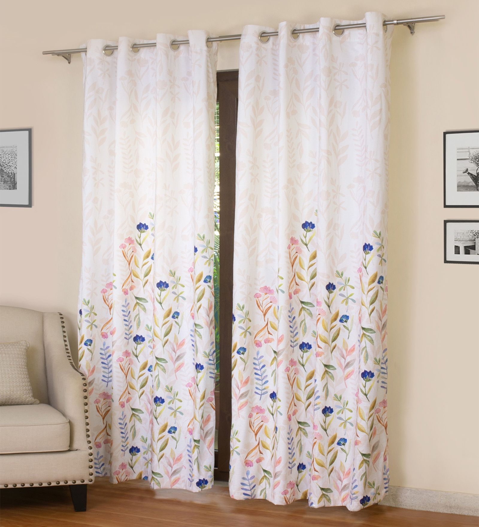 White Polyester Floral 7ft Semisheer Eyelet 2 Pcs Door Curtains