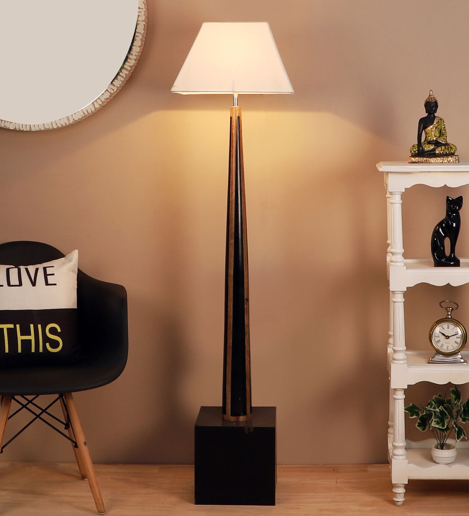 Novara White Cotton Shade Club Floor Lamp With Mango wood Base