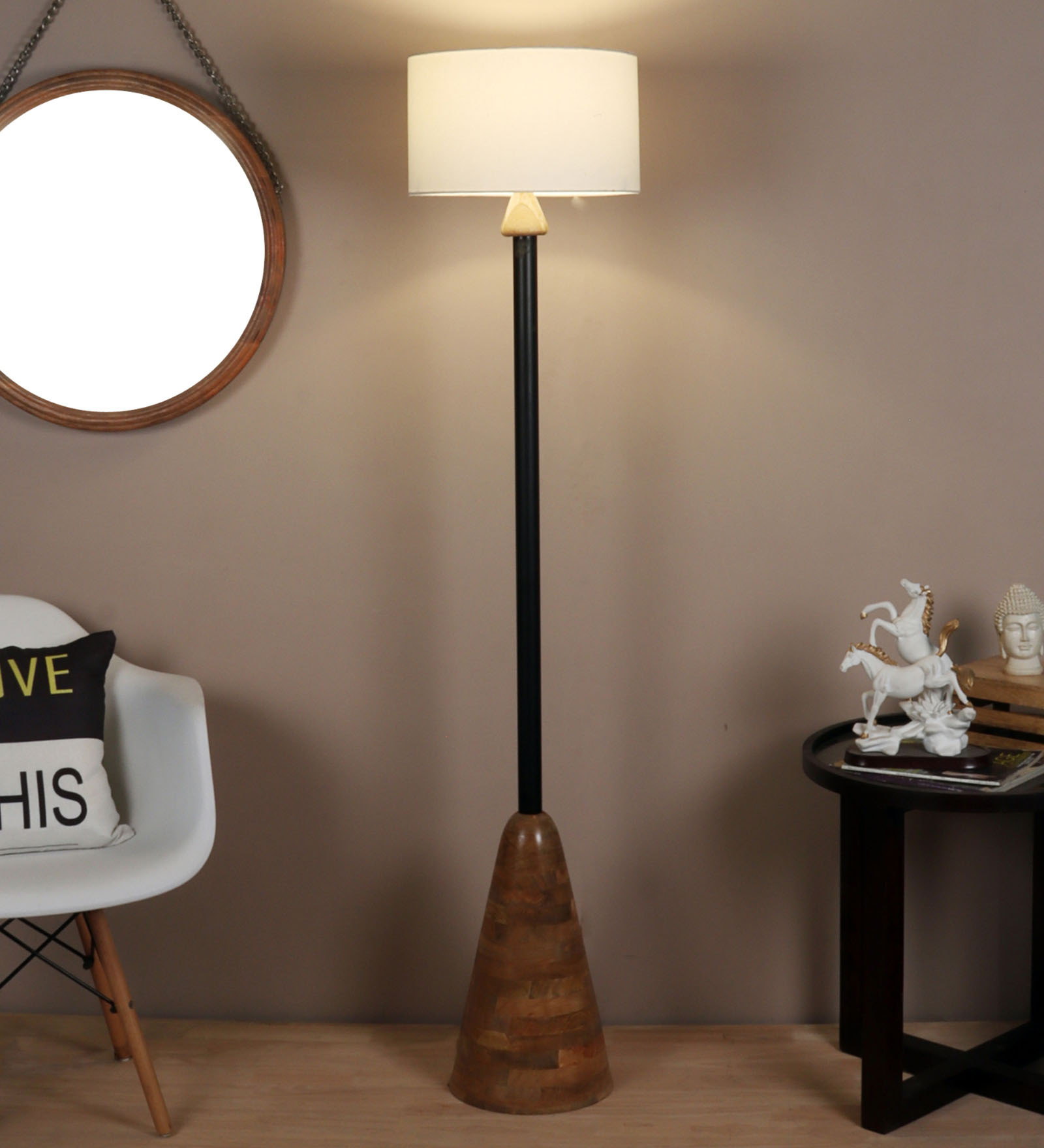 Metz White Cotton Shade Club Floor Lamp With Wood & Metal Base