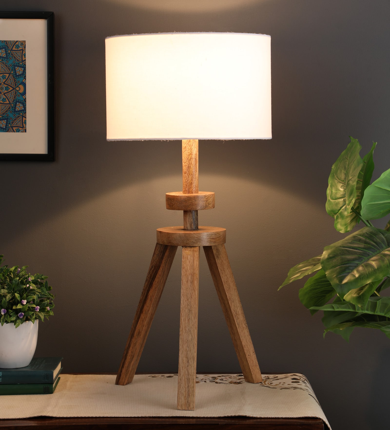 Margaux White Fabric Shade Night Lamp With Mango wood Base