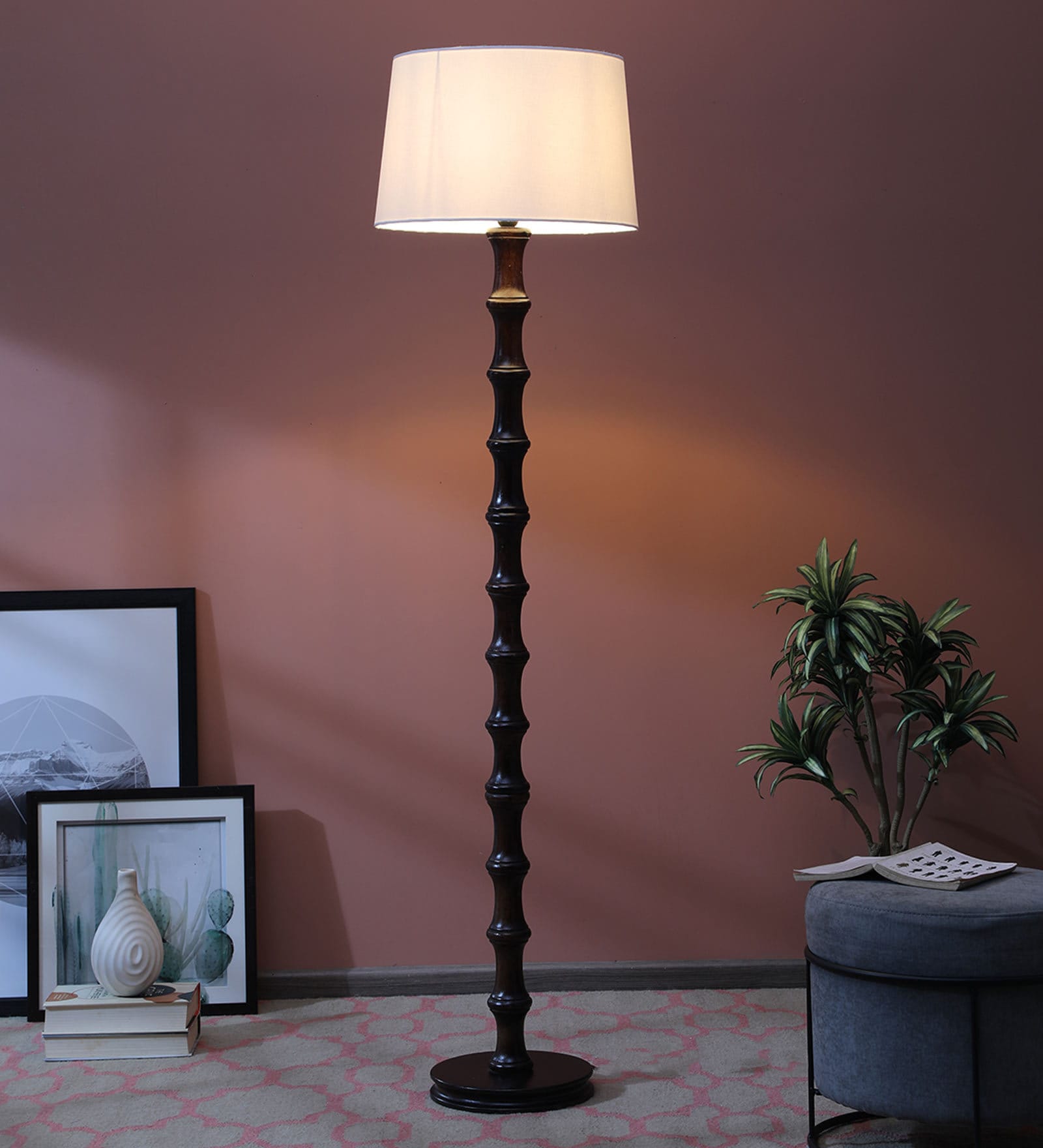 Chicago White Fabric Shade Club Floor Lamp With Mango wood Base