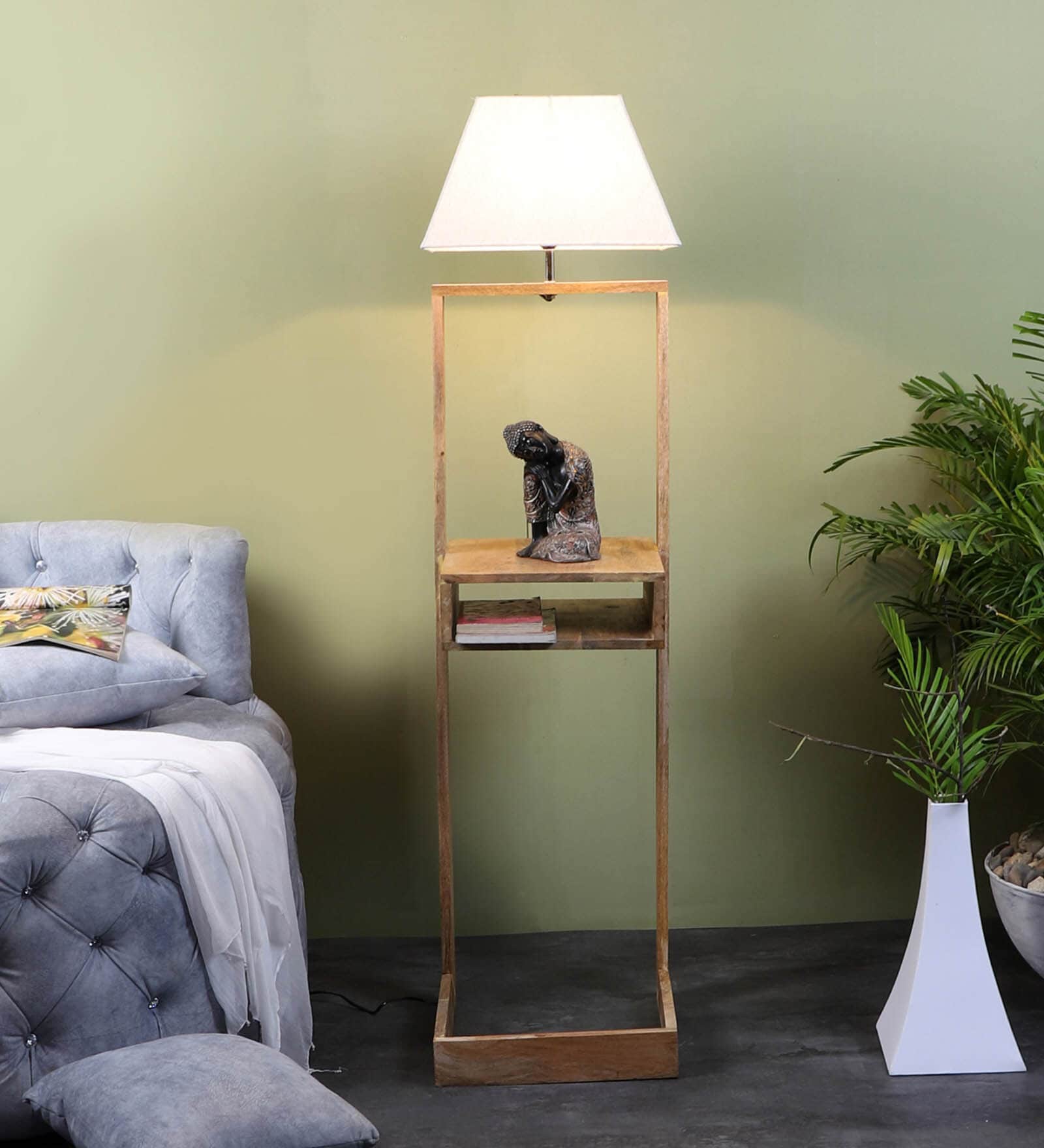 Damsel White Iron Shade Club Floor Lamp With Wood Base