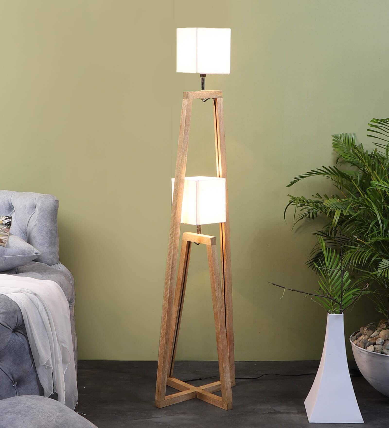 Bastian White Iron Shade Novelty Floor Lamp With Wood Base