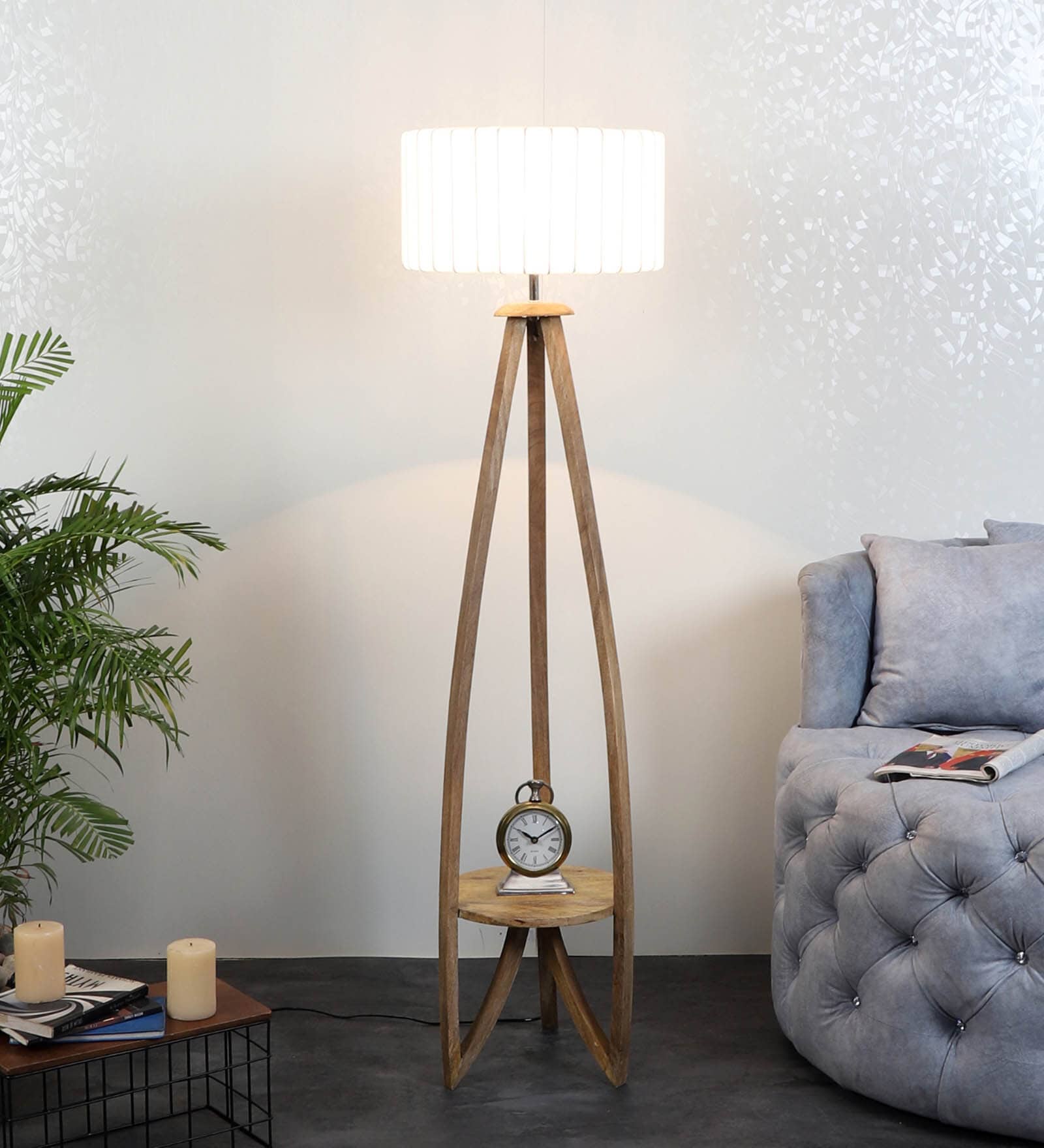 Ronan White Iron Shade Shelf Floor Lamp With Wood Base