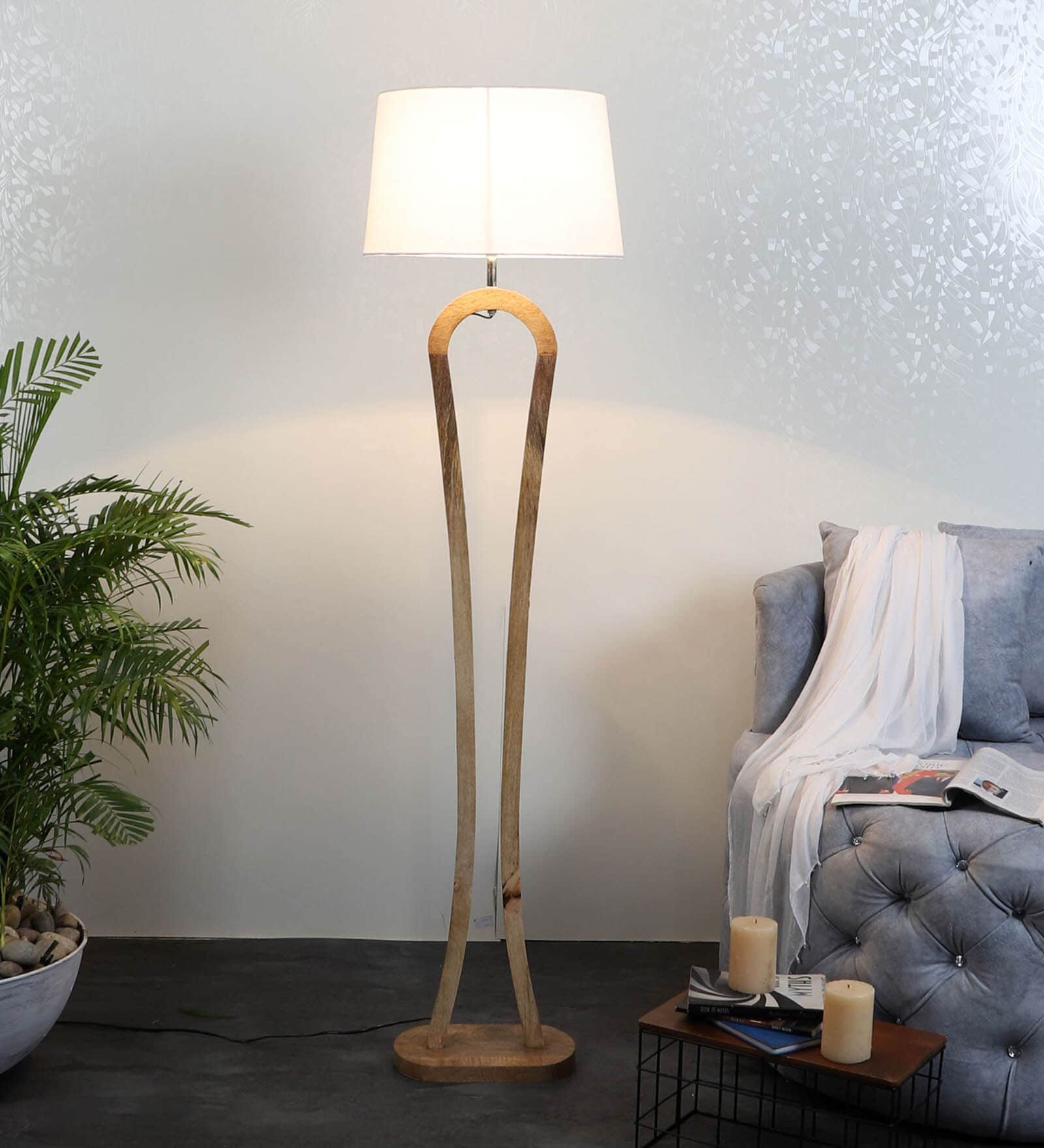 Gerard White Iron Shade Club Floor Lamp With Wood Base