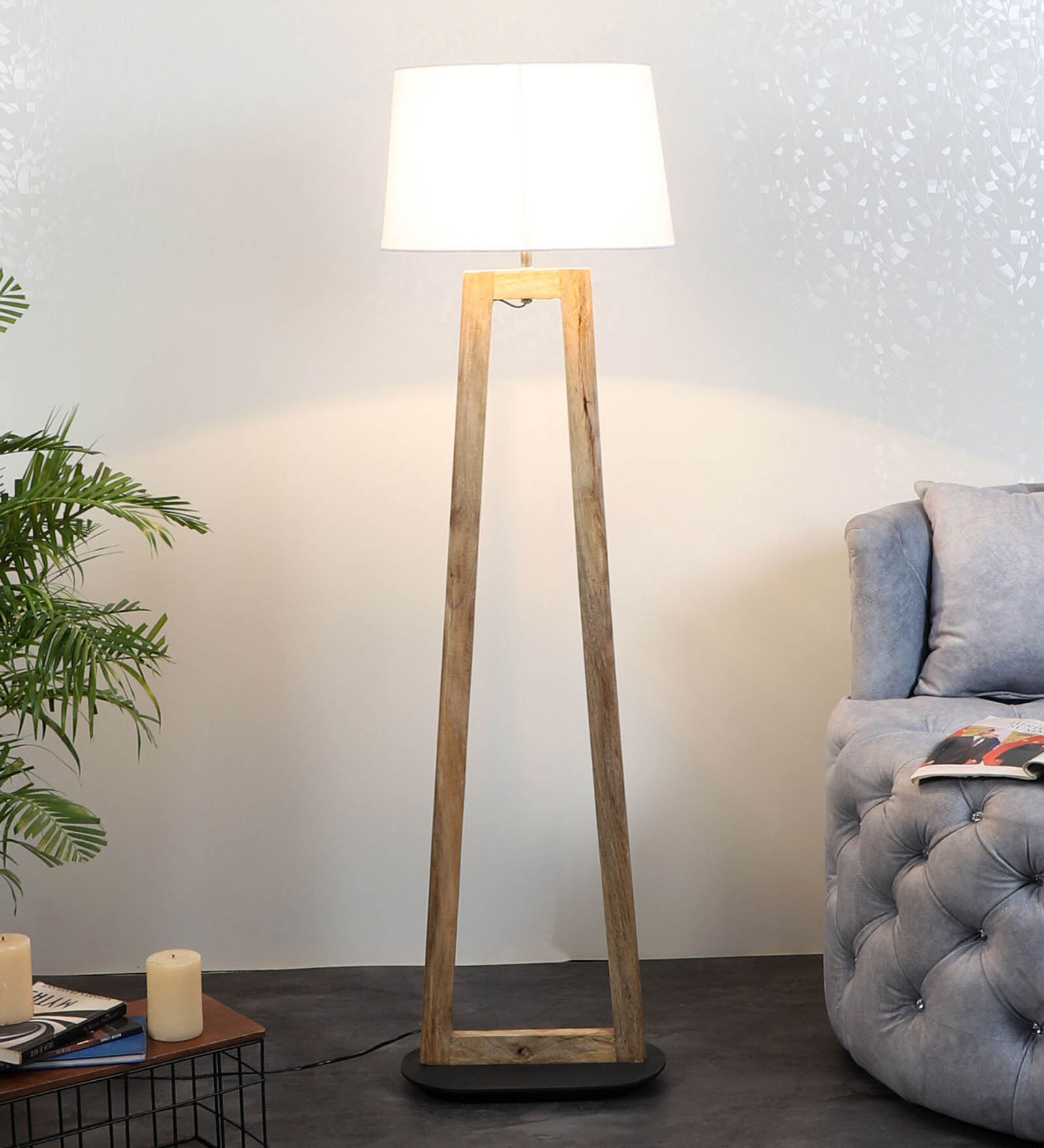 Triune White Iron Shade Club Floor Lamp With Wood Base