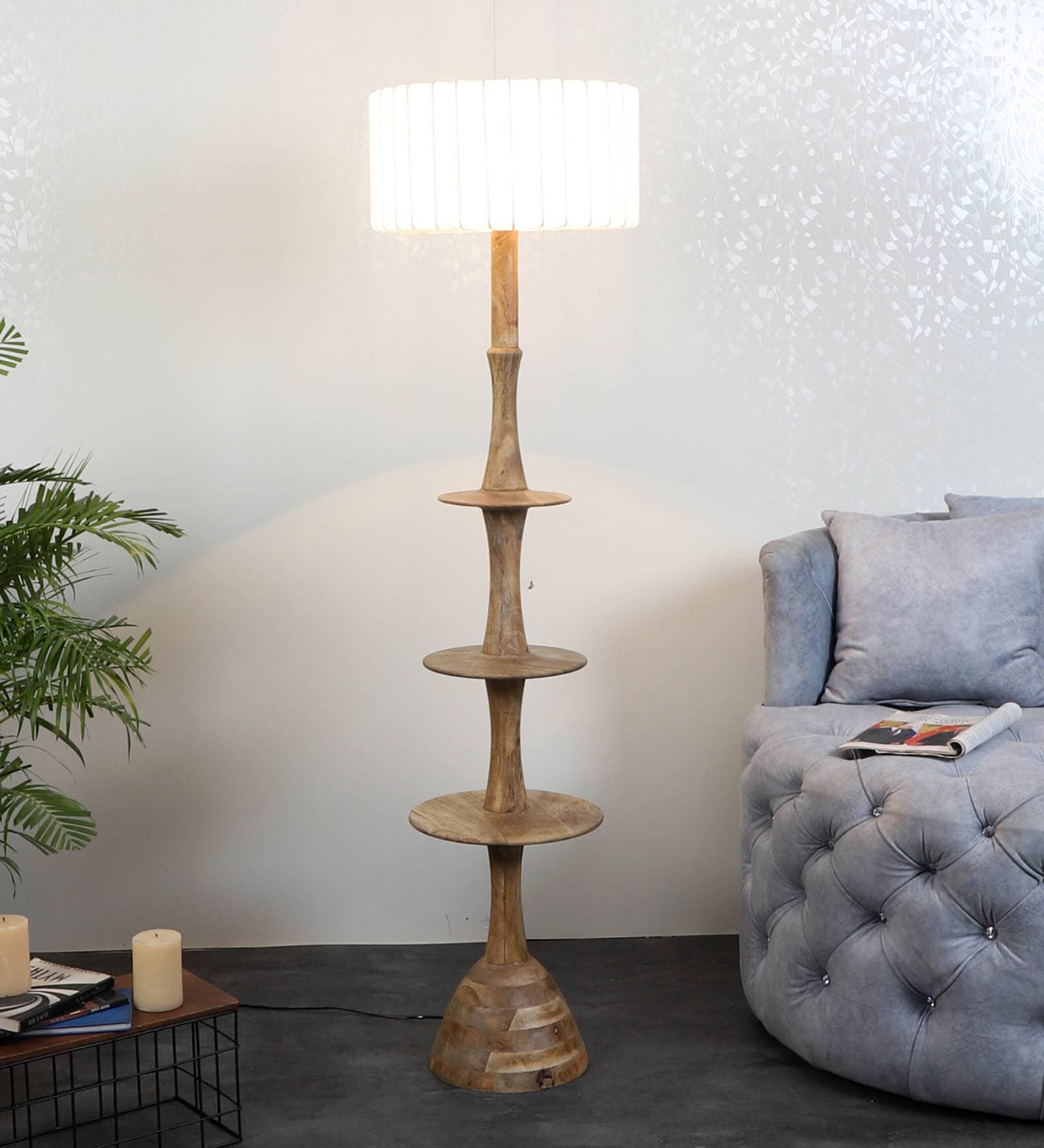 Bow White Iron Shade Club Floor Lamp With Wood Base