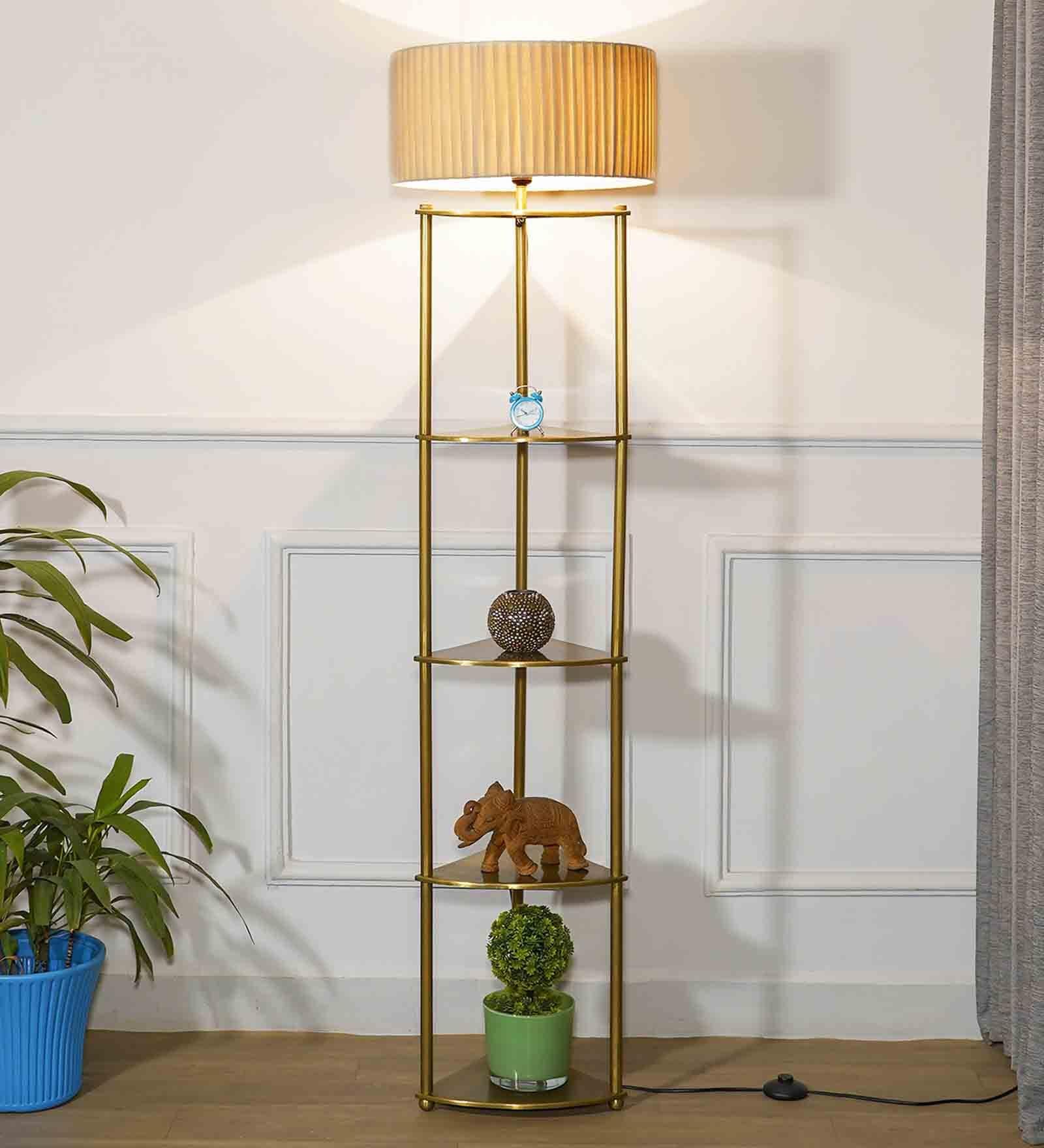 White Shade Shelf Floor Lamp With Metal Base