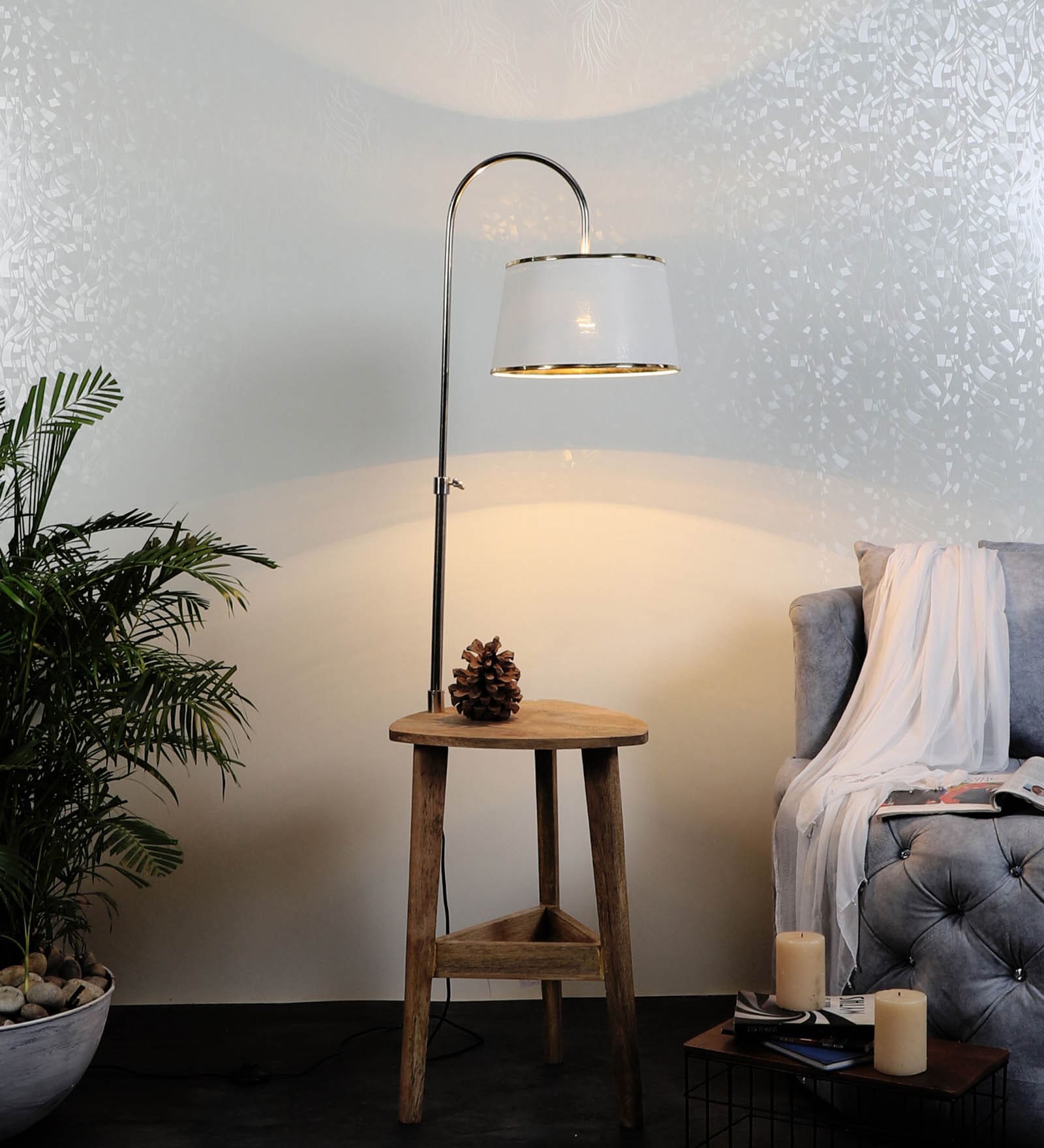 Ciaro White Iron Shade Shelf Floor Lamp With Wood Base