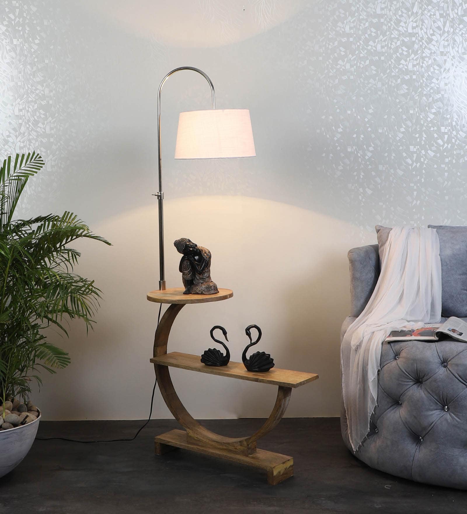 Contemporary White Iron Shade Shelf Floor Lamp With Wood Base