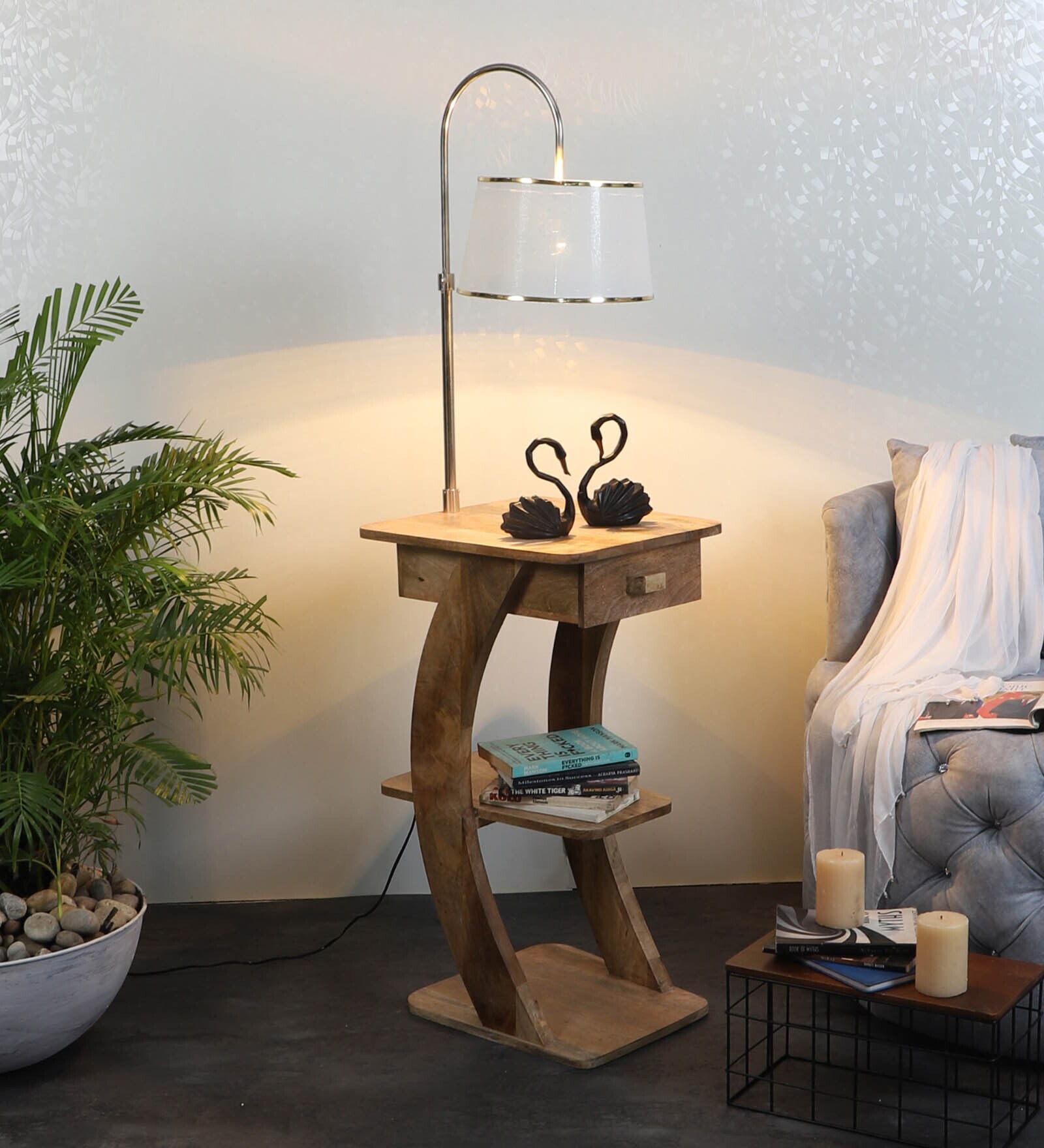 White Shade Floor Lamp With Wood Base