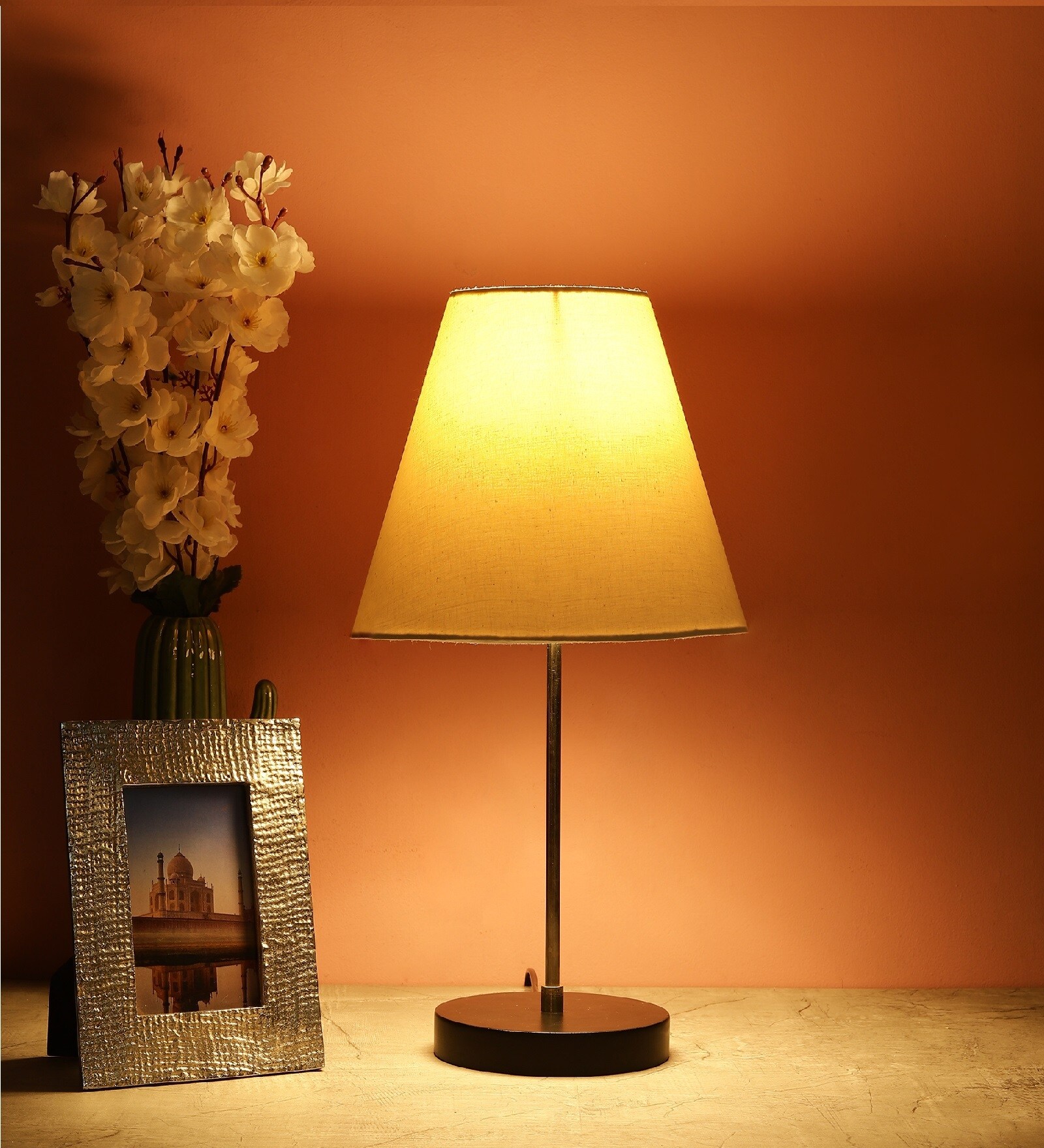 Trento White Fabric Shade Night Lamp With Aluminium Base