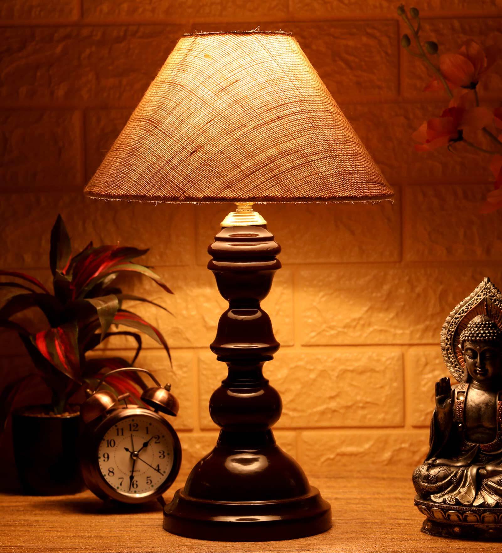 Electa White Natural Fiber Shade Night Lamp With Wood Base